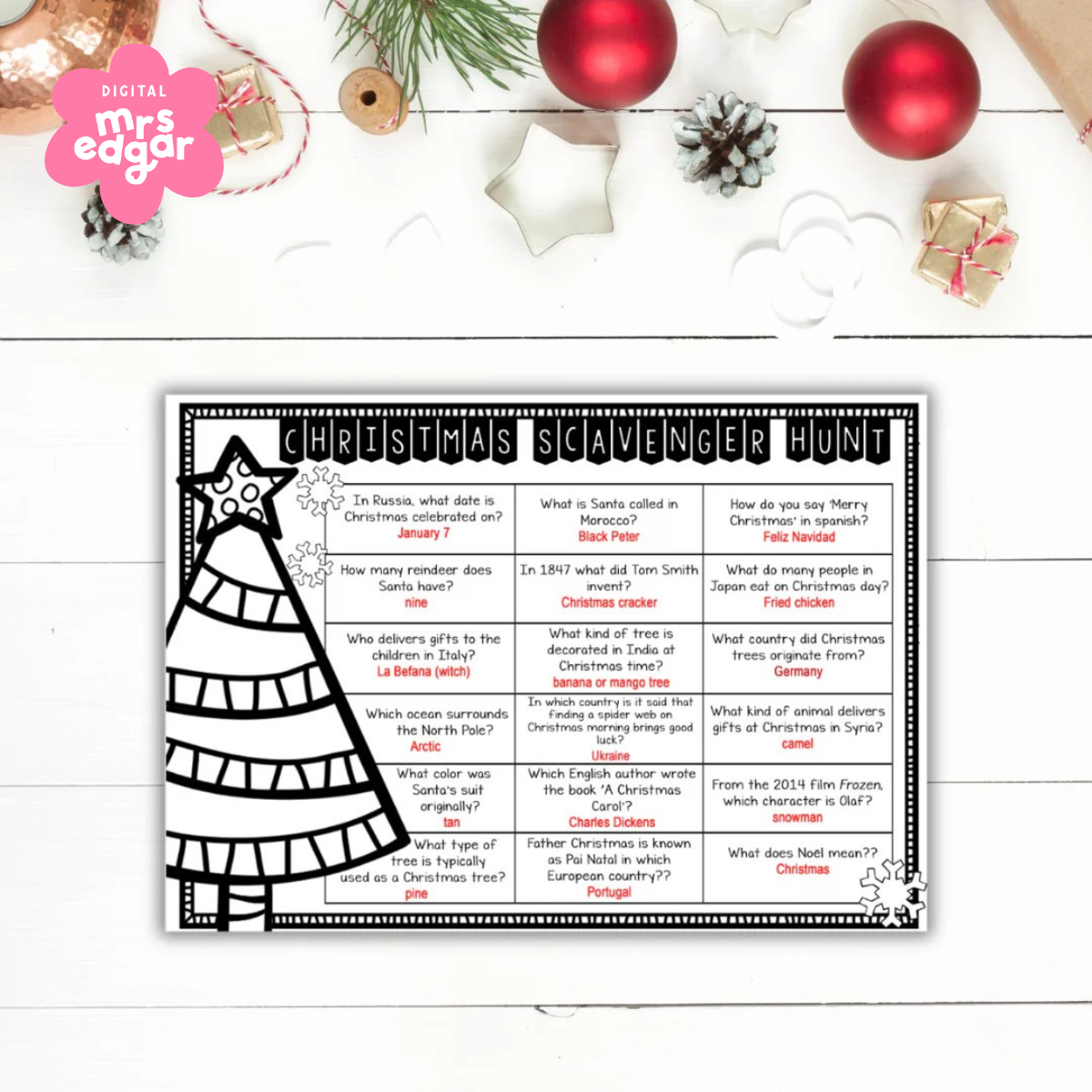 Festive Christmas Scavenger Hunt digital download displayed on a white desk with holiday decorations, including baubles and greenery.