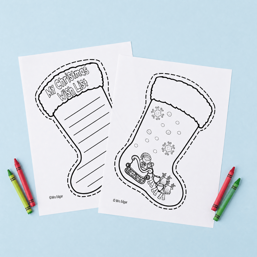 Stocking-shaped blank template titled "My Christmas Wish List" with lines for students to write gift wishes.