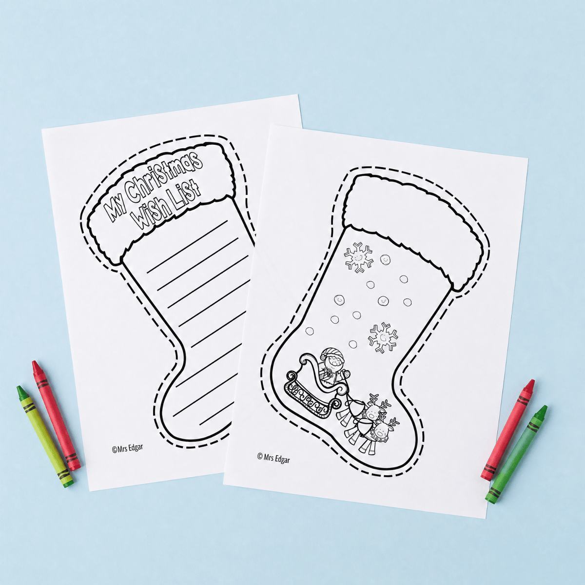 Stocking-shaped blank template titled "My Christmas Wish List" with lines for students to write gift wishes.