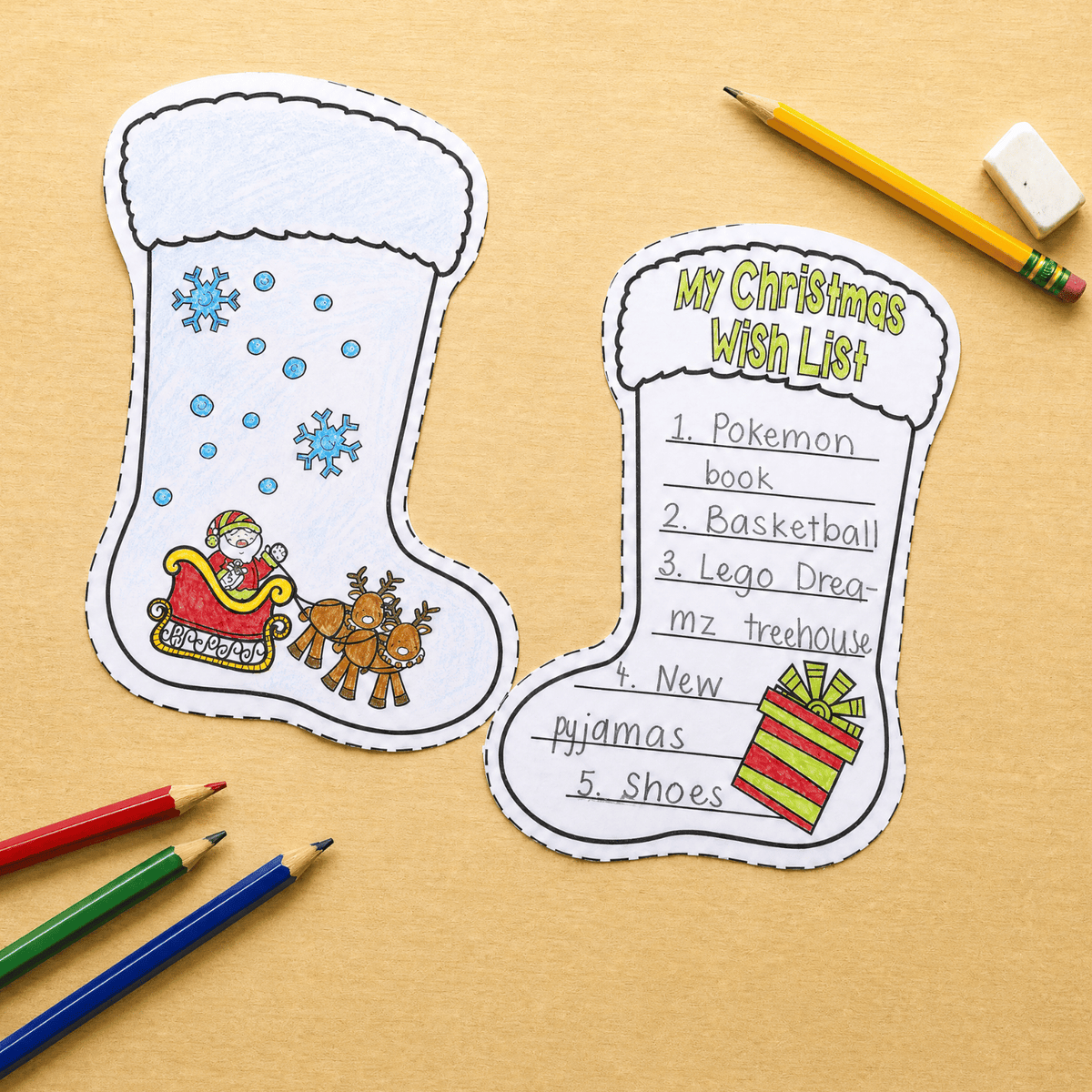 Completed Christmas stocking craft showing Santa, reindeer, and handwritten wish list filled in by student.