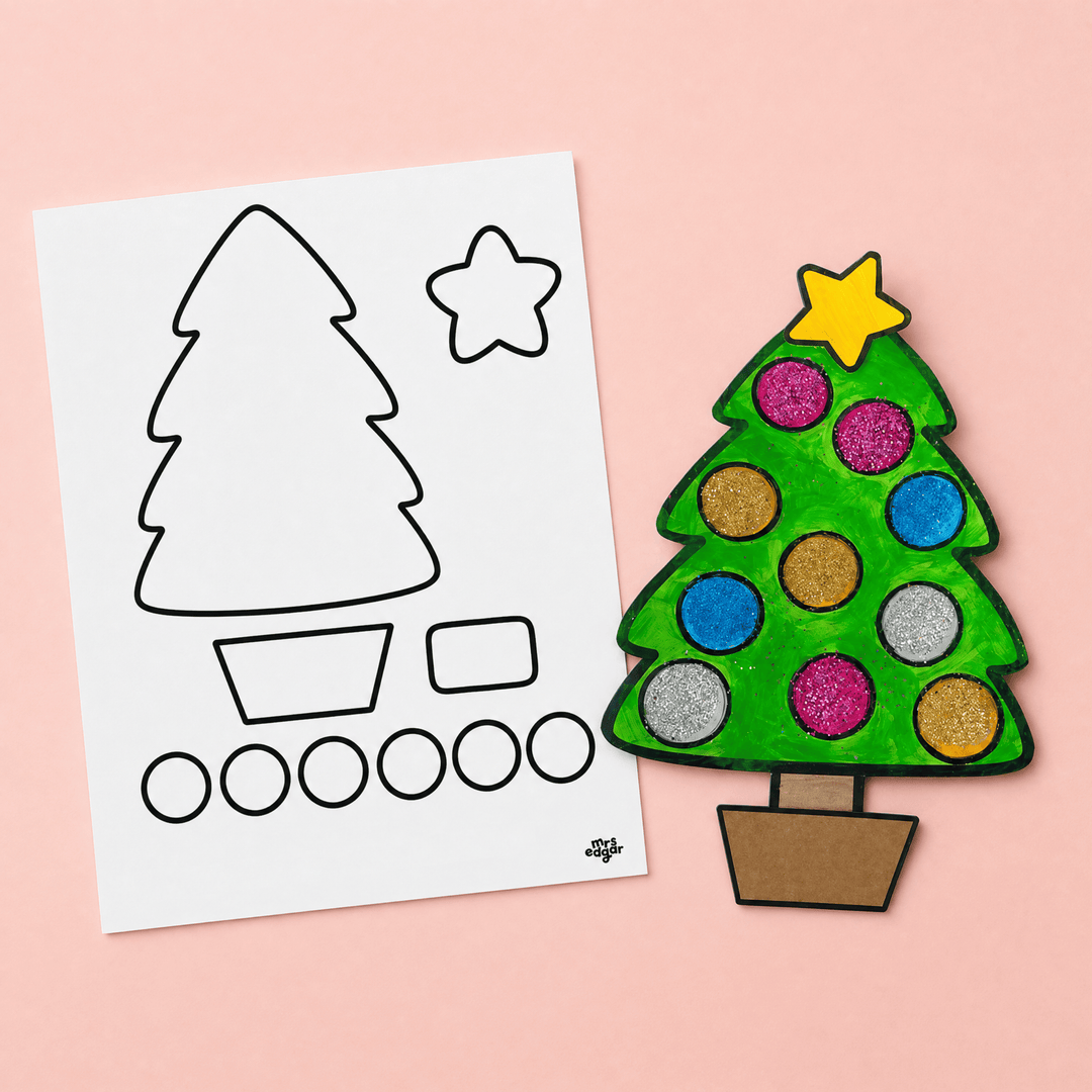 Blank Christmas tree craft template (left) beside completed glitter ornament version (right) for classroom activities.