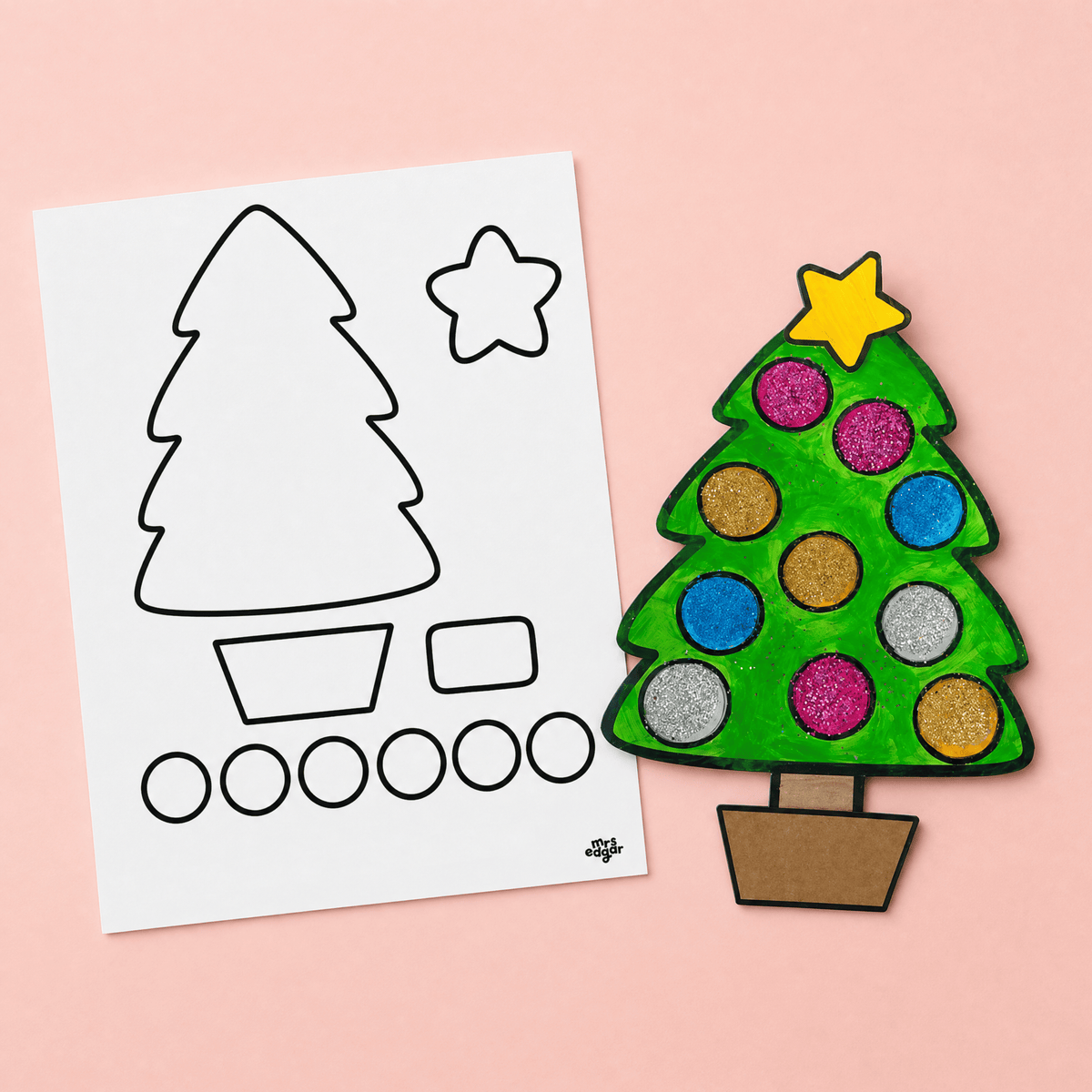 Blank Christmas tree craft template (left) beside completed glitter ornament version (right) for classroom activities.