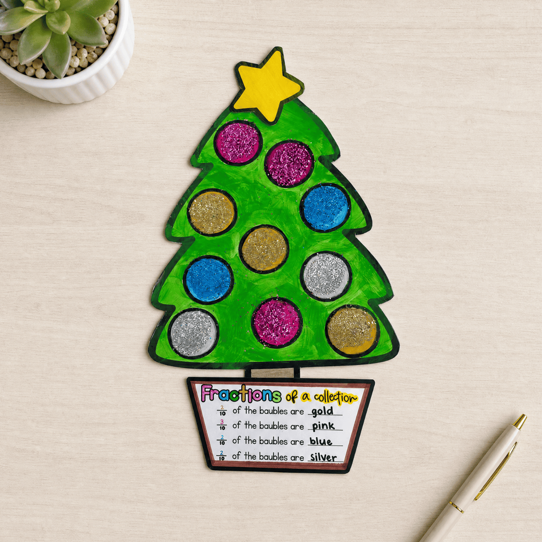Completed Christmas tree fractions craftivity coloured green with a yellow star and ten glitter baubles in pink, gold, blue and silver, above a paper pot recording three tenths gold, three tenths pink, two tenths blue and two tenths silver.
