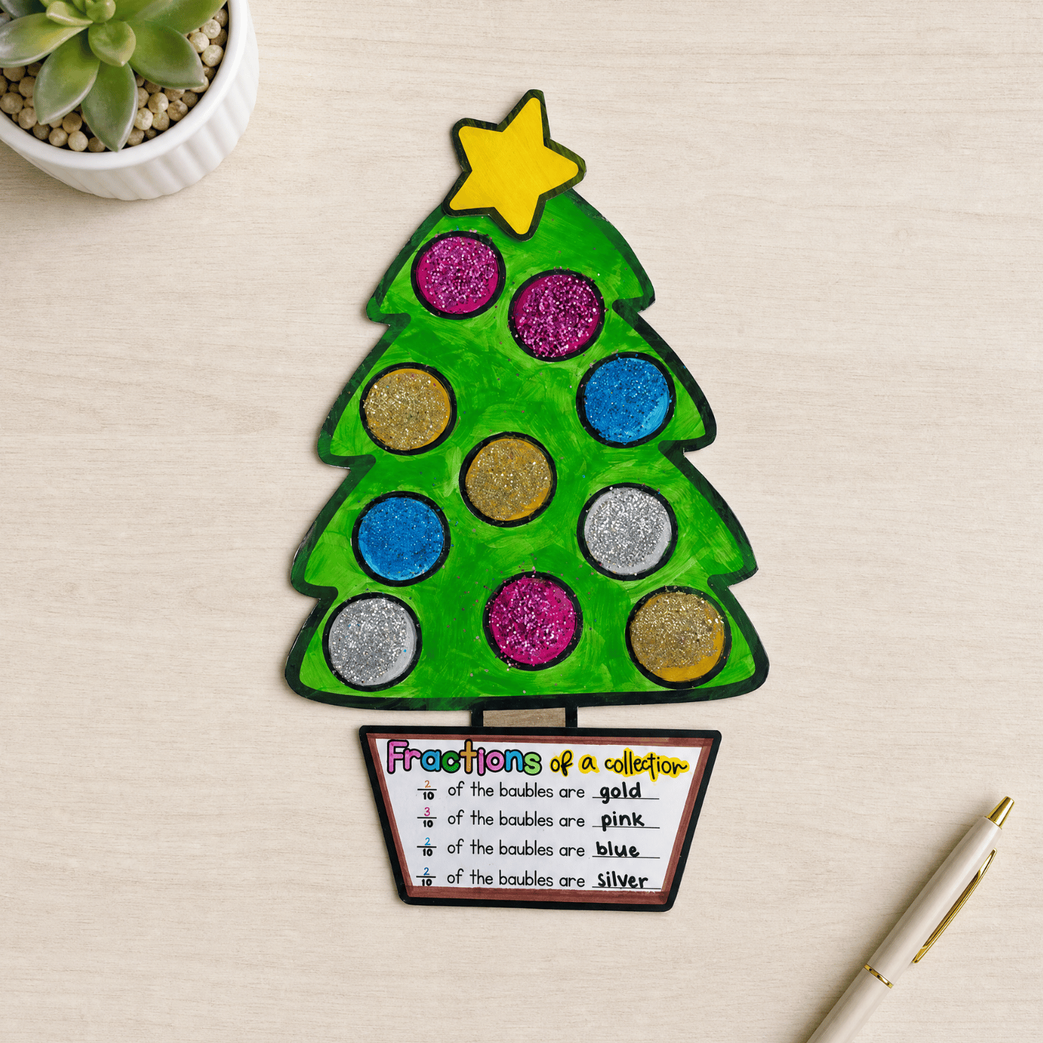 Completed Christmas tree fractions craftivity coloured green with a yellow star and ten glitter baubles in pink, gold, blue and silver, above a paper pot recording three tenths gold, three tenths pink, two tenths blue and two tenths silver.
