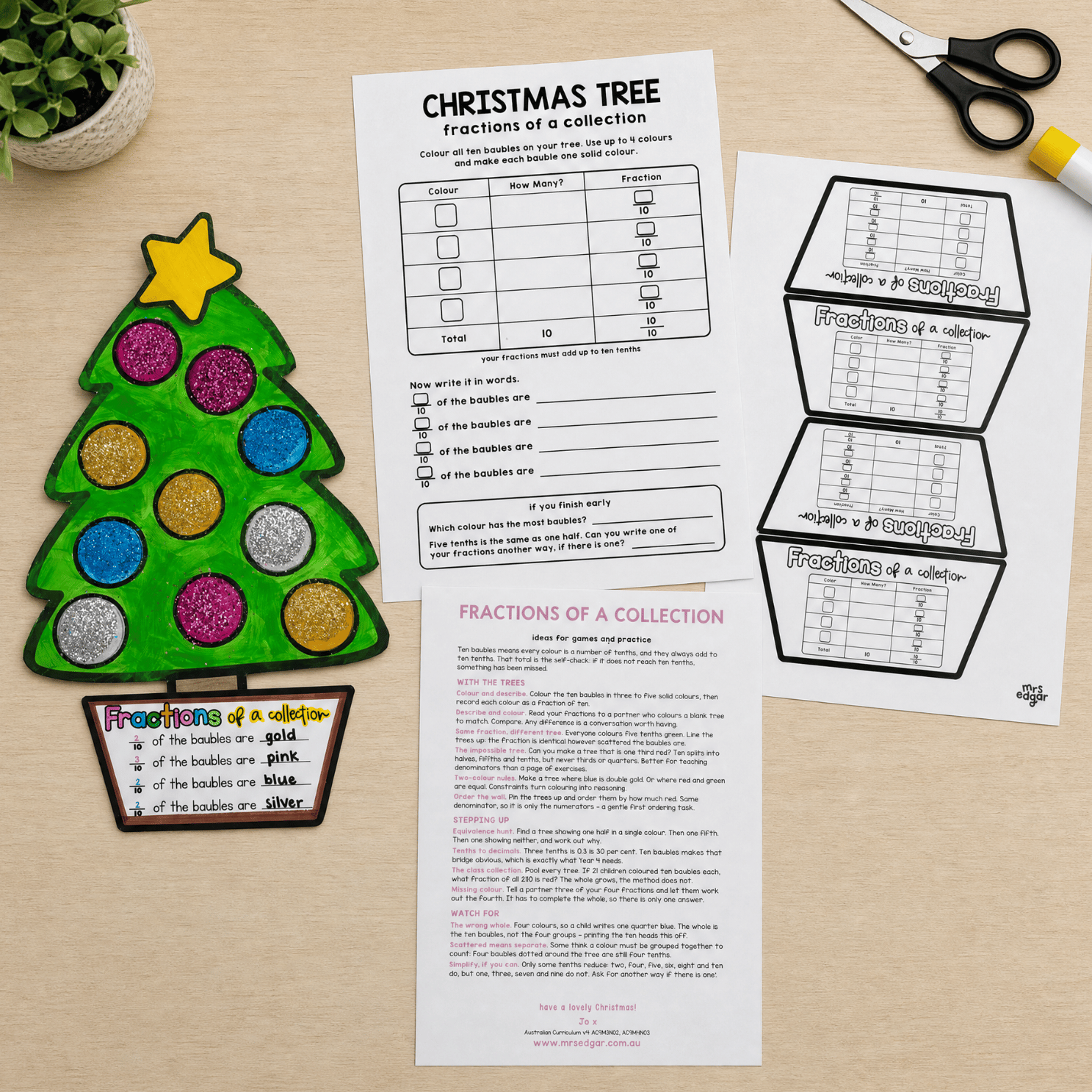 Christmas Tree Fractions of a Collection Craftivity flat lay showing the finished coloured tree with its recording pot, the A4 recording sheet, the pot sheet page and the teacher ideas page, with scissors and a glue stick.