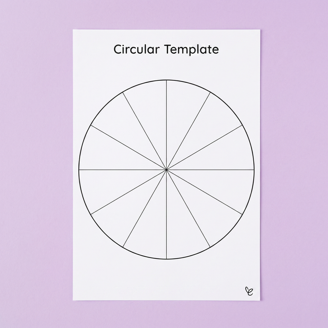 Printable circular template worksheet with segmented pie-style circle for maths, fractions, art, and classroom brainstorming activities. Ideal for teaching fractions, data collection, colour wheels, spinner games, sequencing tasks, graphic organisers, and hands-on learning in primary classrooms and homeschool settings. Minimal black-and-white design perfect for printable educational resources and student projects.