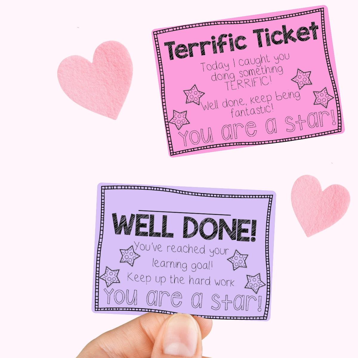 Two colorful reward tickets with motivational text and hearts on a white background