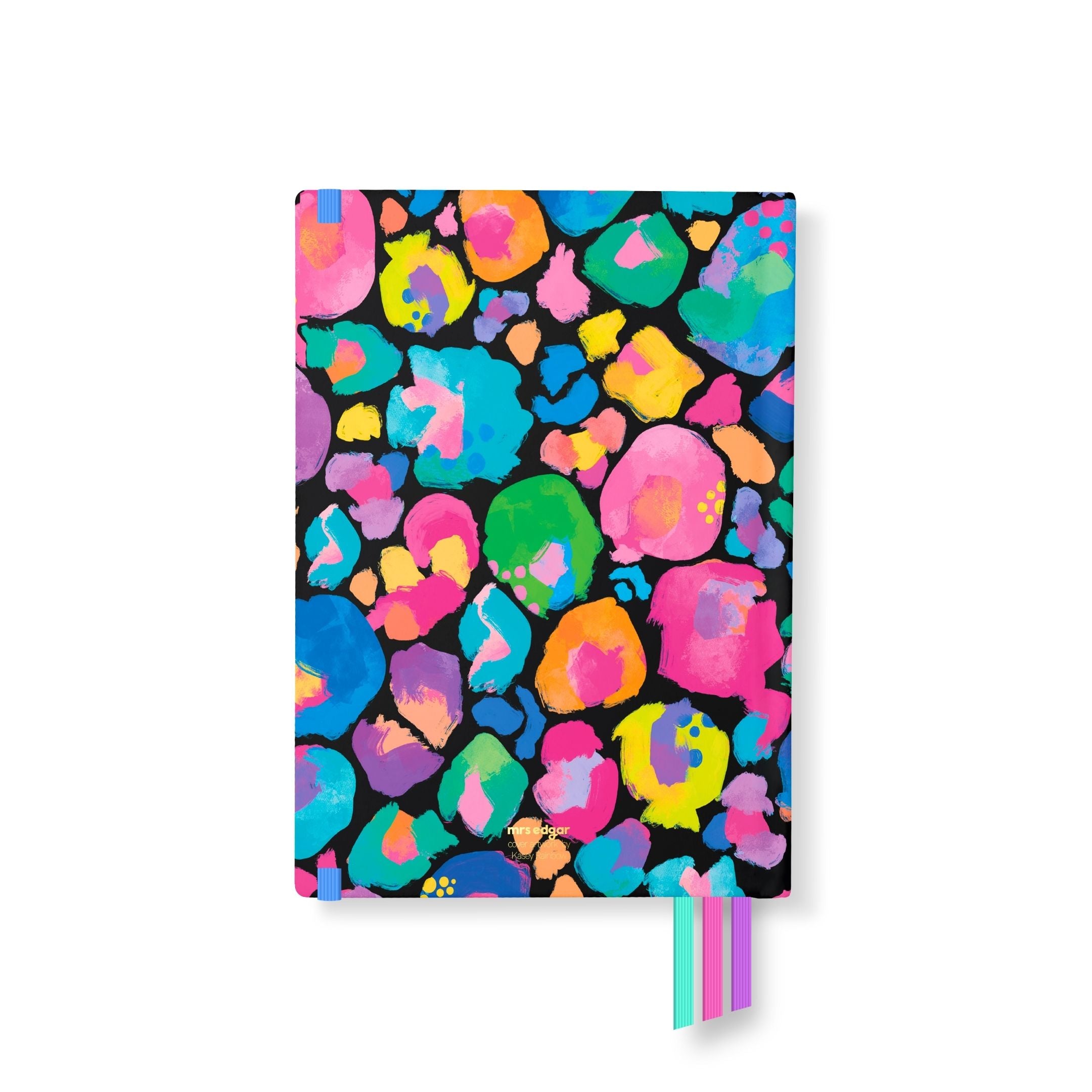 Back cover of the 2026 Classic Everyday Planner featuring a striking multicoloured leopard pattern with bright, abstract paint textures.