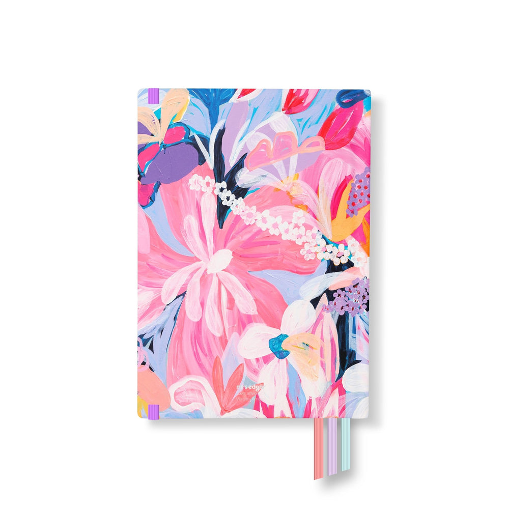 Back cover of the 2026 Classic Everyday Planner with large hand-painted flowers in vibrant pink, blue, and orange brushstrokes.