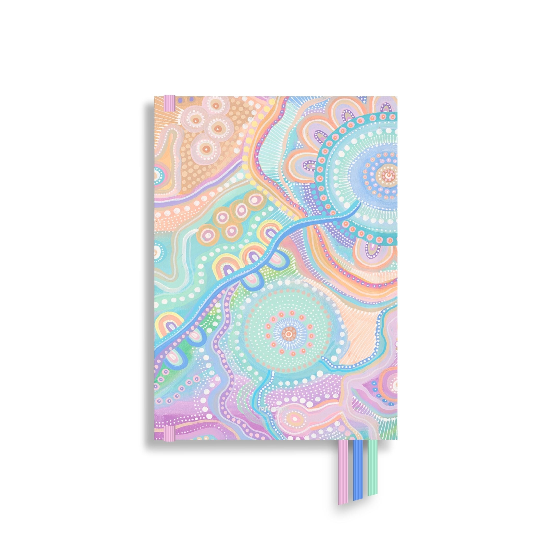 2026 teacher planner featuring Country & Kin pastel dot art design with pink elastic strap and ribbon markers.