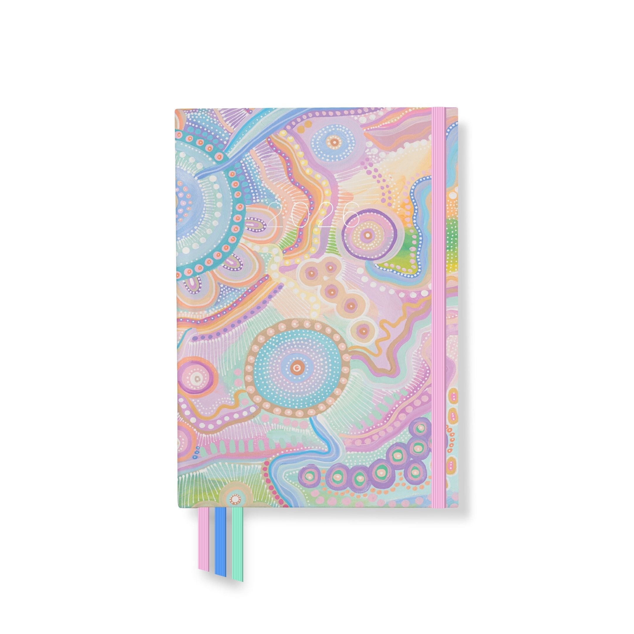 2026 teacher planner front cover with pastel Aboriginal-inspired artwork in pink, blue, green, and gold accents.