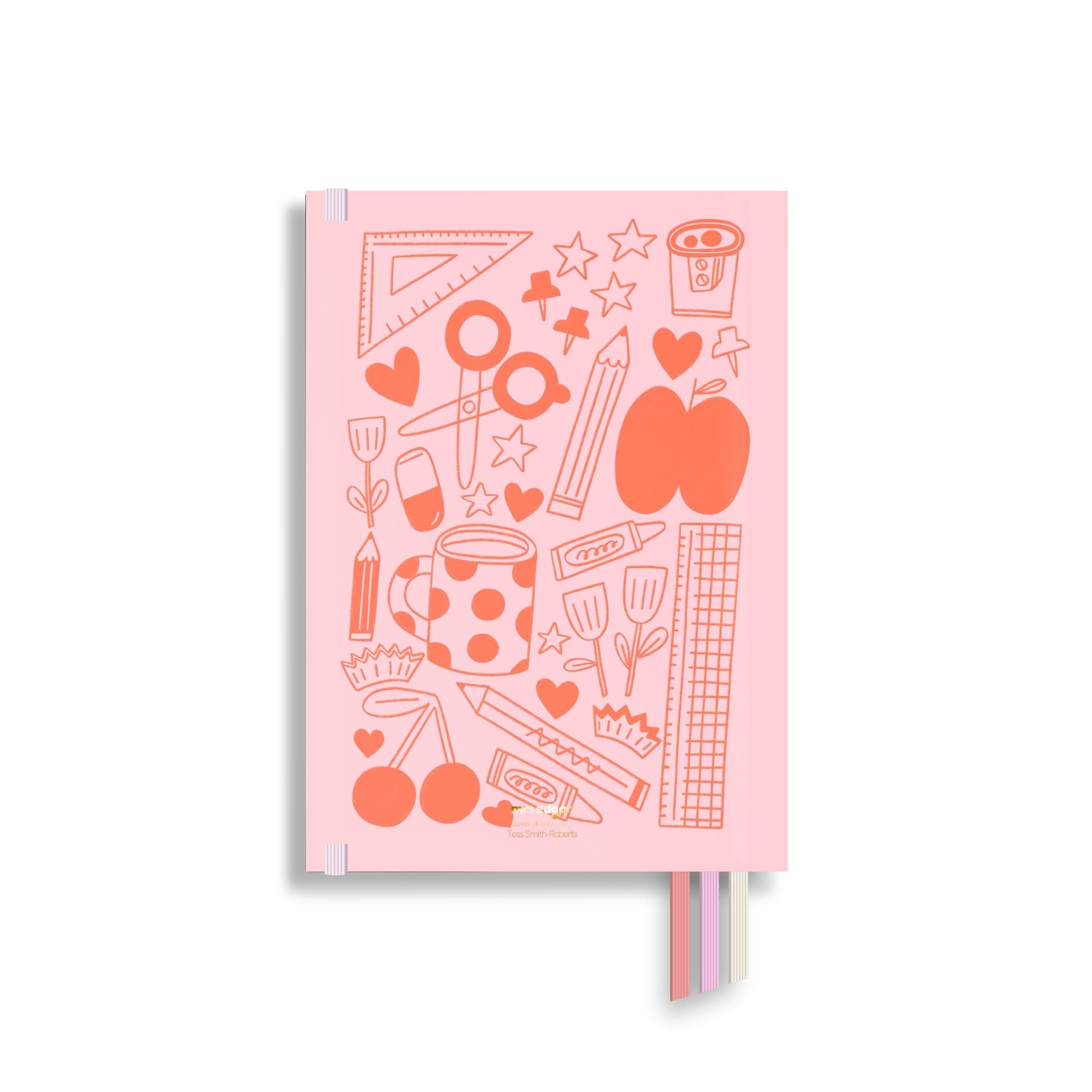 2026 teacher planner design with large red hearts on a pink background, gold embossed year, and ribbon markers.