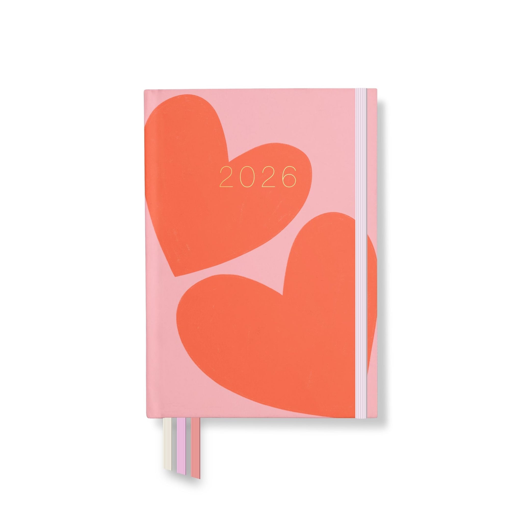 2026 teacher planner front cover in pink with two bold red hearts, gold year lettering, and pink elastic strap.