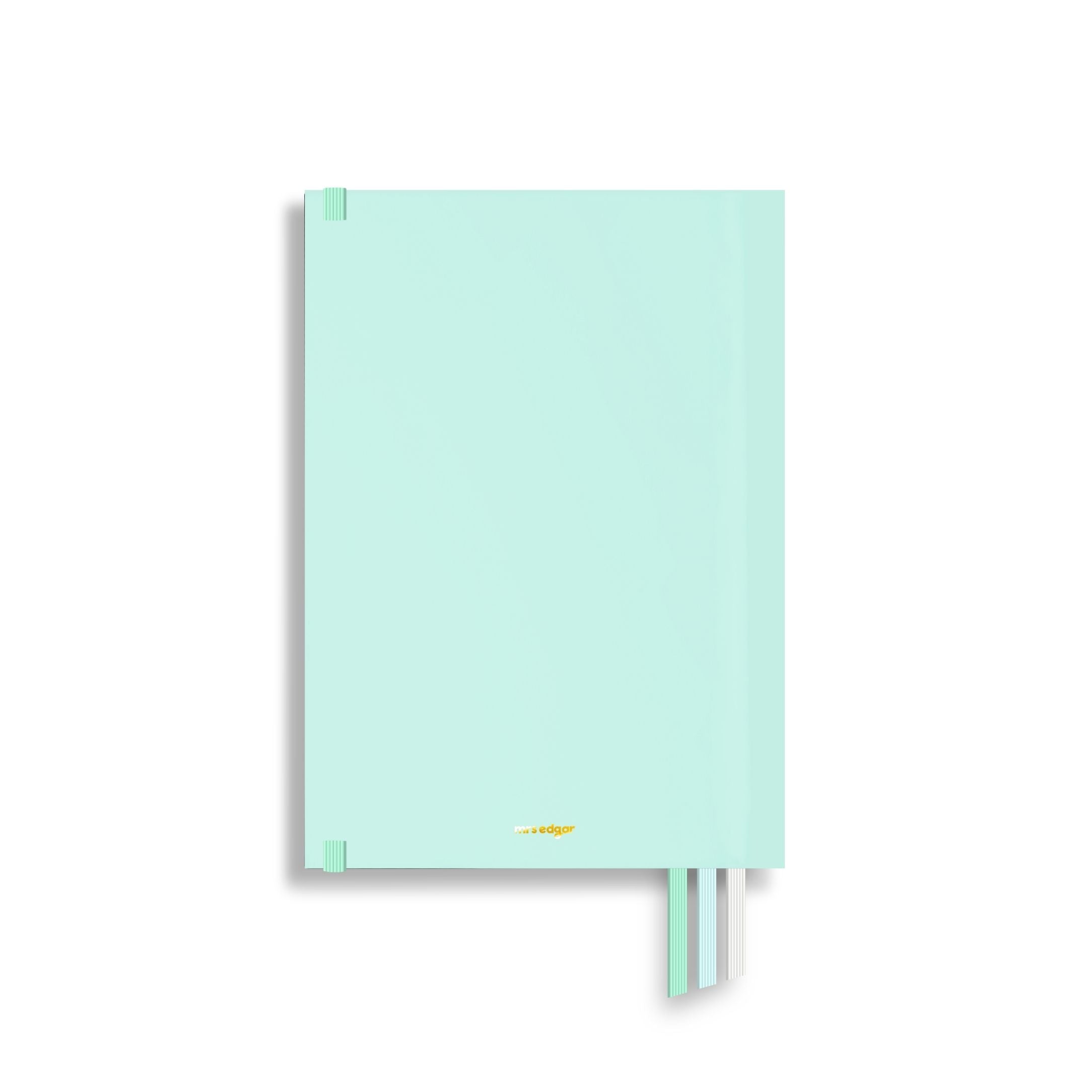 2026 teacher planner back cover in solid mint green with gold Mrs Edgar logo and three ribbon markers.
