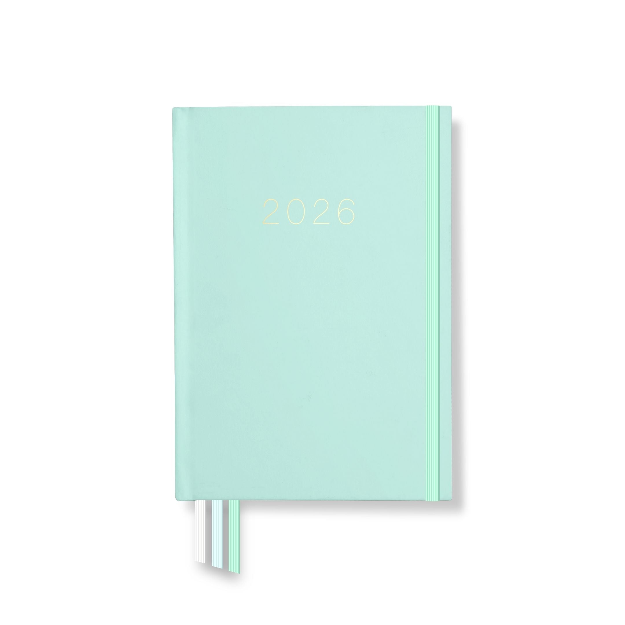 2026 teacher planner front cover in mint green with gold embossed year, matching elastic strap, and ribbon markers.