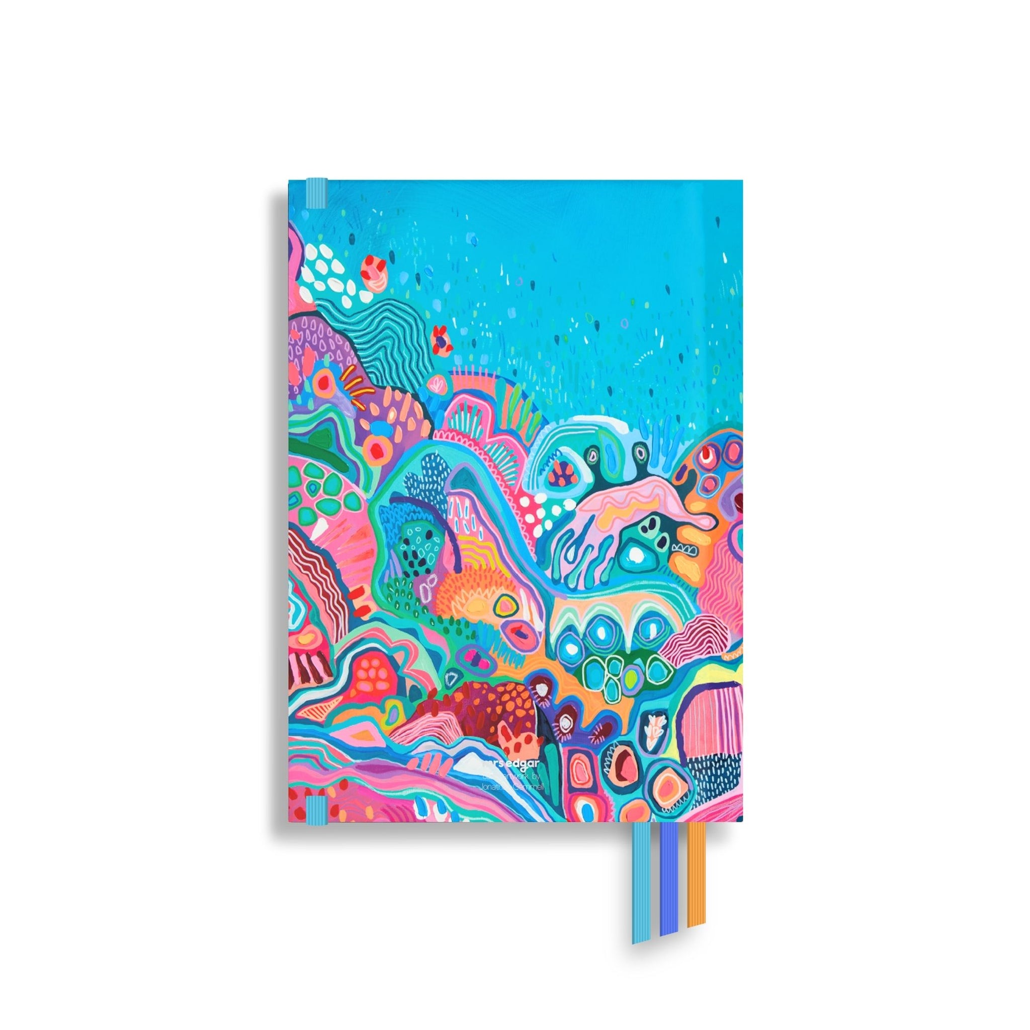 2026 teacher planner back cover with vibrant abstract reef-inspired artwork in blue, pink, and green.