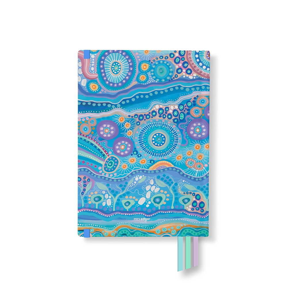2026 teacher planner back cover with a vibrant blue and purple Aboriginal art-inspired design by Coastal Connections.