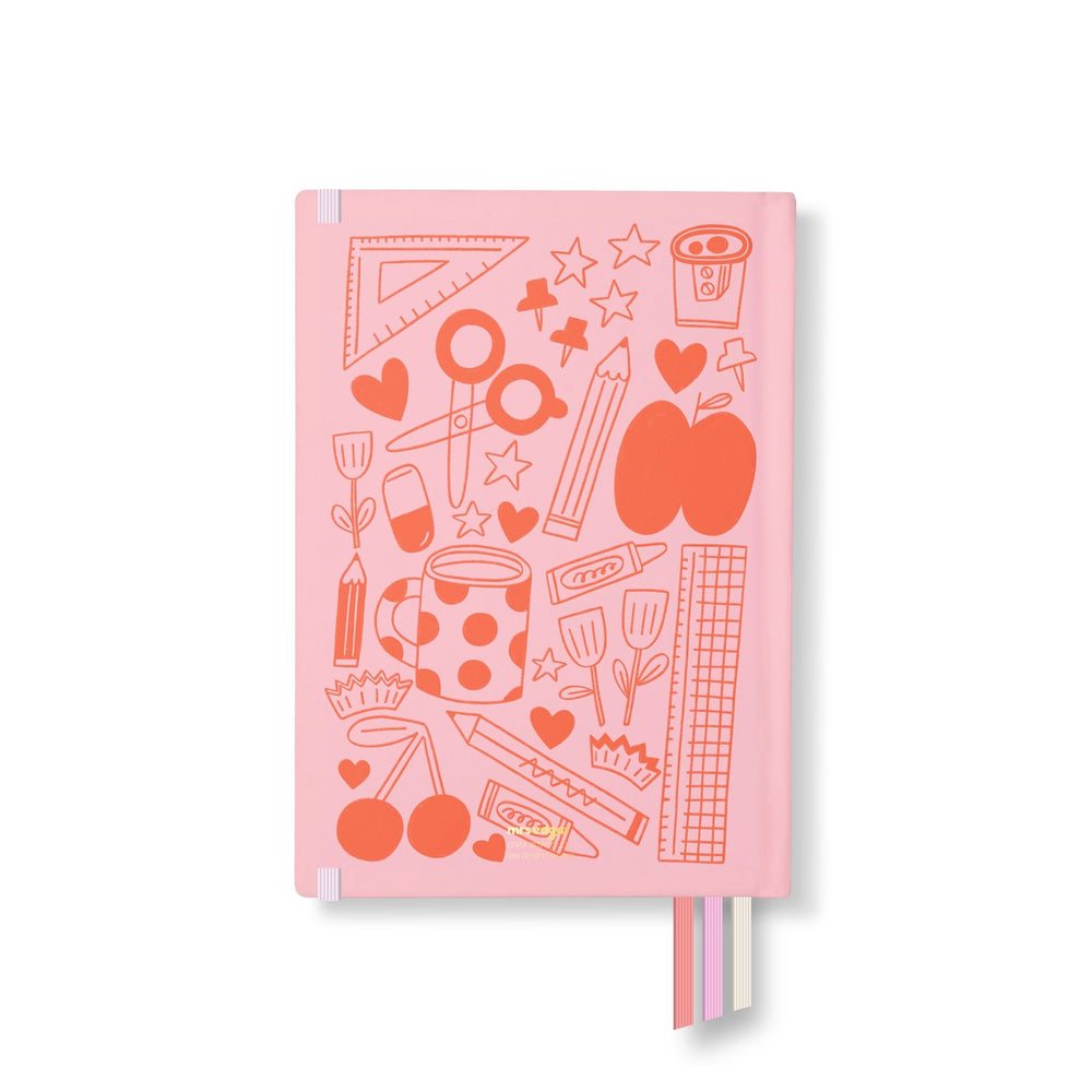 Pink 2026 teacher planner back cover with red-orange school supply illustrations, hearts, stars, and stationery icons.