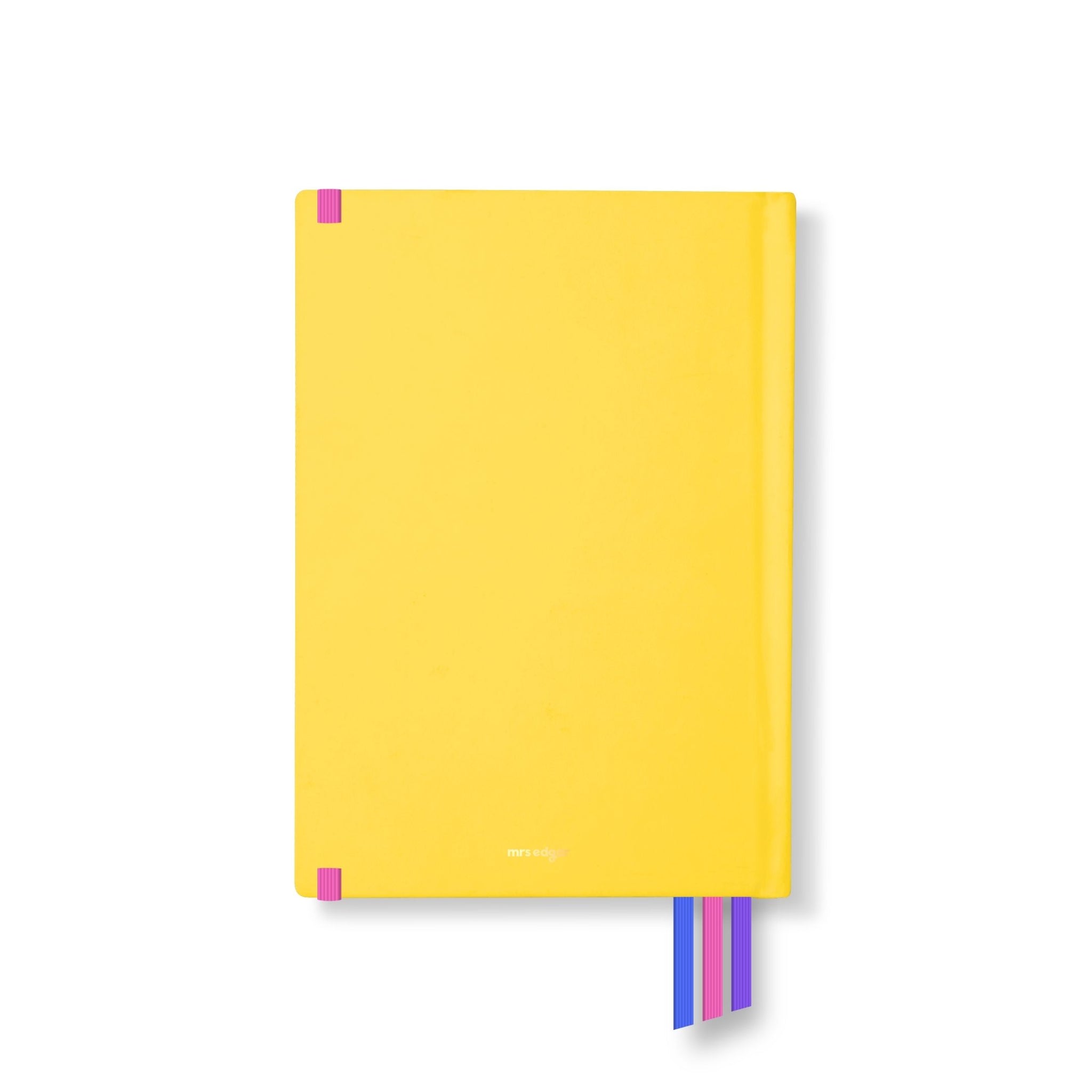 Bright yellow 2026 planner back cover with subtle logo at the bottom and three ribbon bookmarks in pink, blue, and purple.