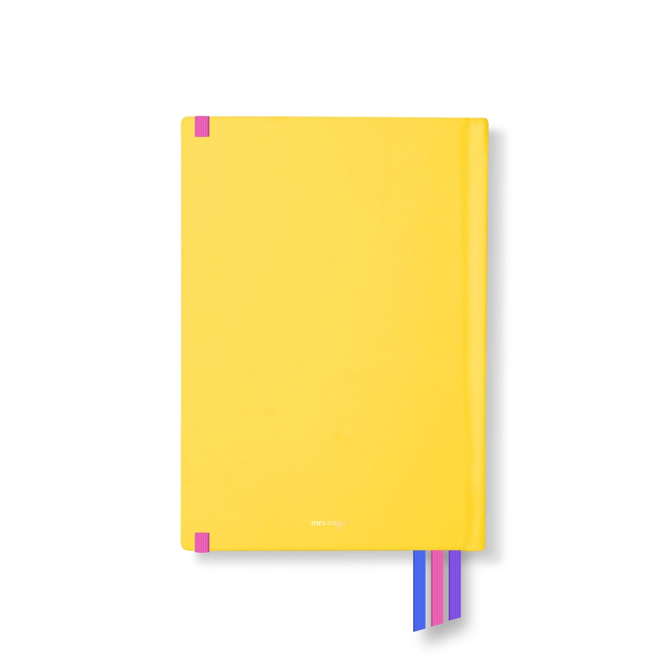Bright yellow 2026 planner back cover with subtle logo at the bottom and three ribbon bookmarks in pink, blue, and purple.