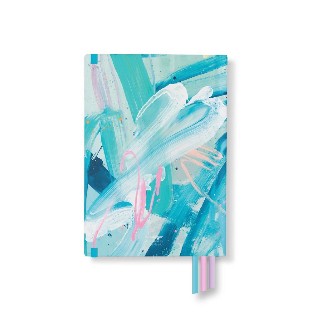 Back cover of 2026 planner with teal and aqua abstract paint design, white Mrs Edgar logo, and three ribbon bookmarks in matching colours.