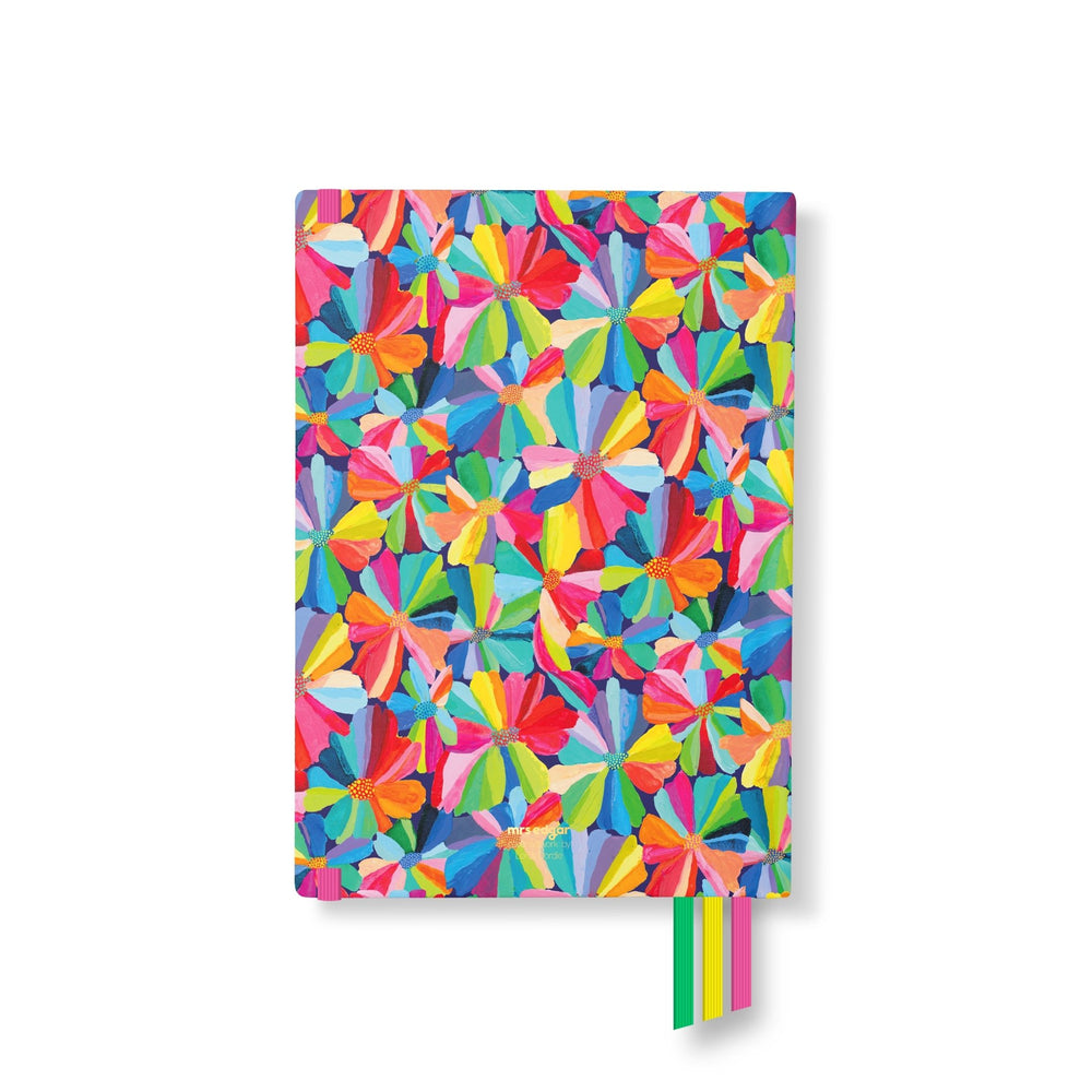 Back cover of 2026 planner with a bright multicolour floral pattern and green, pink, and yellow ribbon bookmarks.