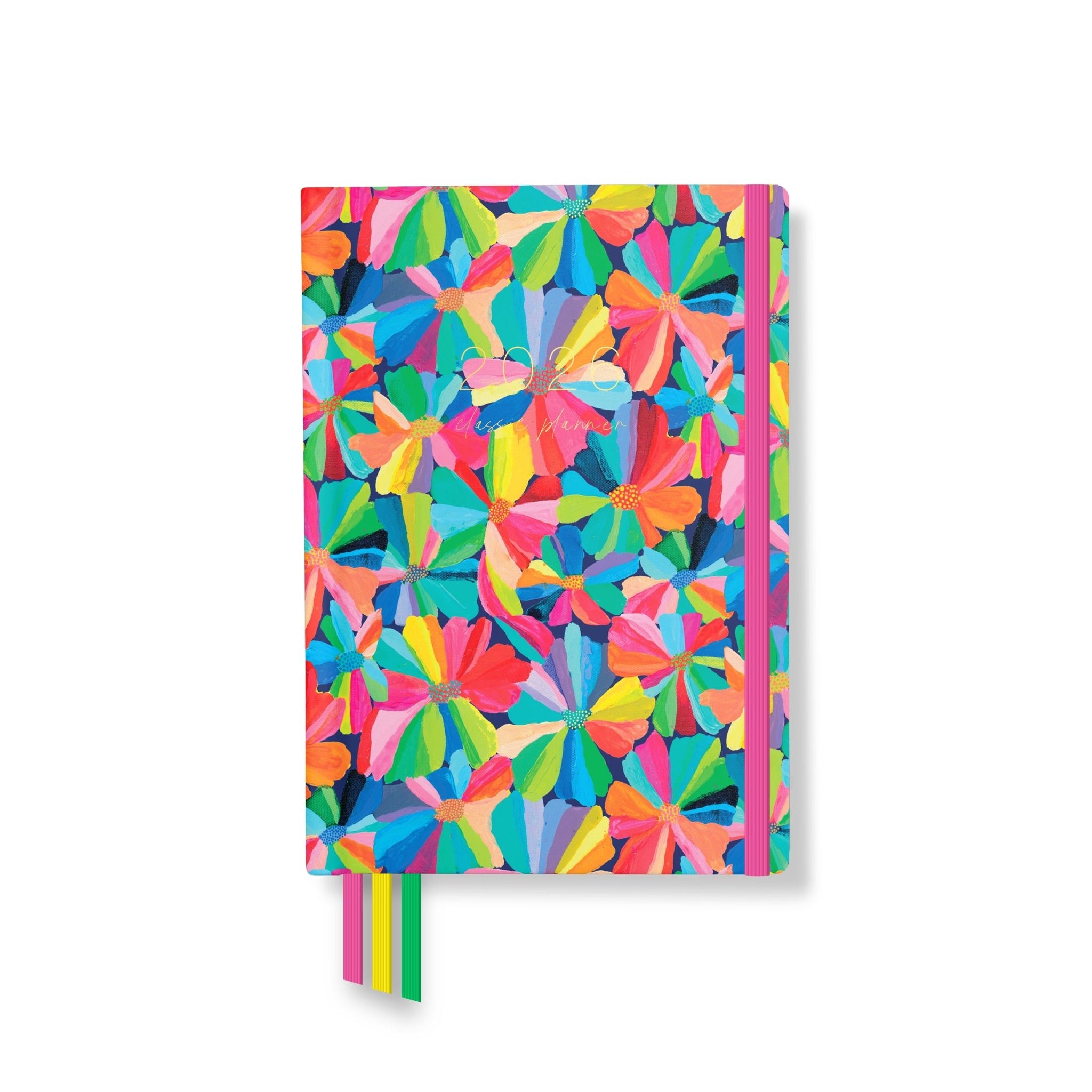 2026 classic planner front cover featuring a bold, rainbow floral pattern with a yellow elastic closure and colourful ribbon markers.