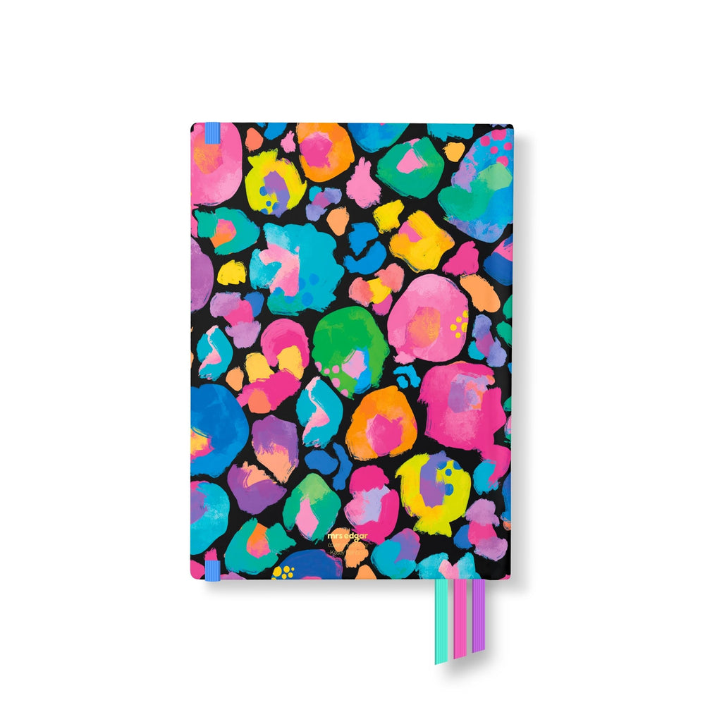 Back cover of 2026 planner featuring bold rainbow leopard spots over black, with Mrs Edgar logo and three ribbon bookmarks.