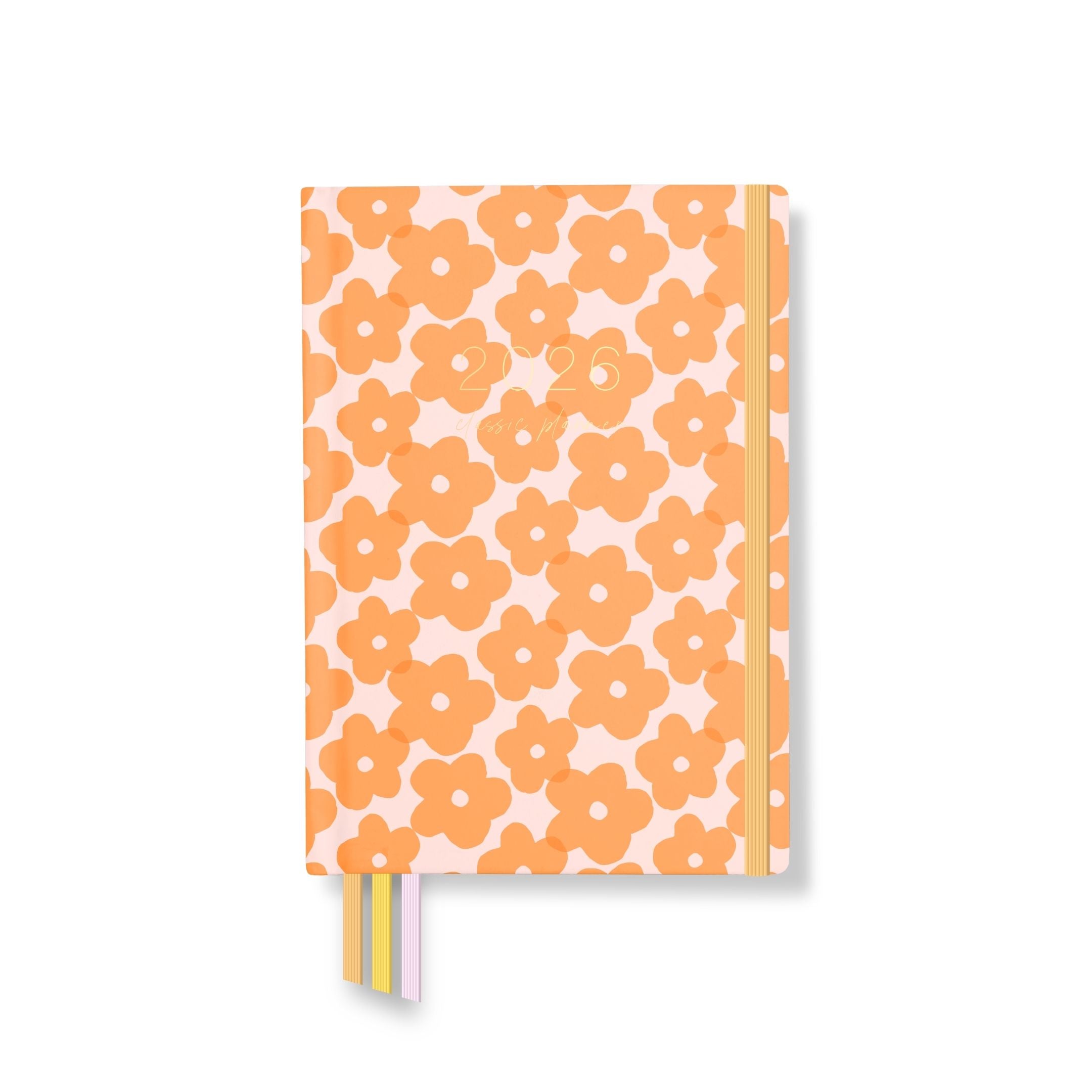 2026 classic planner front cover with a peach background and bold orange floral pattern, orange elastic closure, and pastel ribbon markers.
