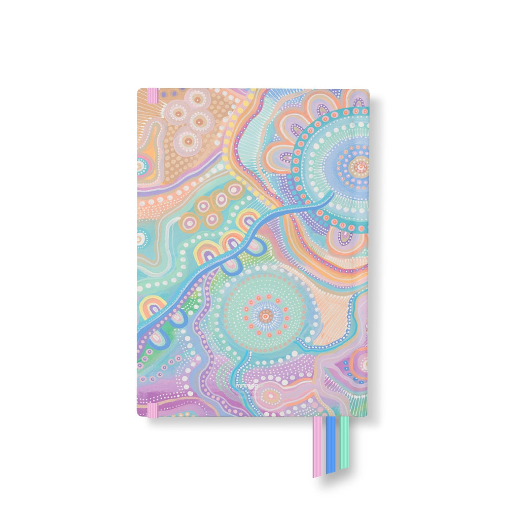 Back of 2026 planner with soft pastel dots and flowing shapes, representing community and connection in Aboriginal art style.