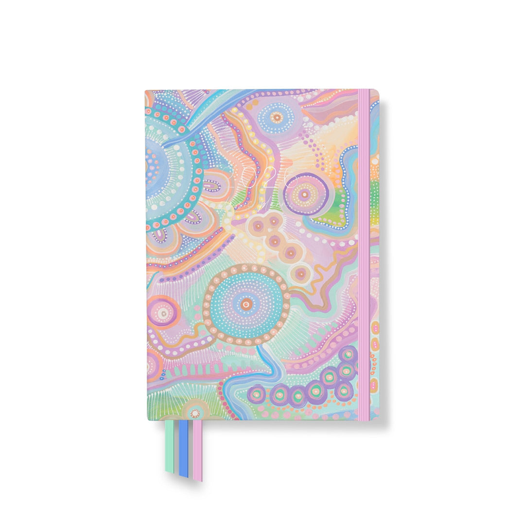 Pastel Aboriginal artwork-inspired 2026 Teacher planner cover with circular motifs, flowing lines, and dotted detailing.