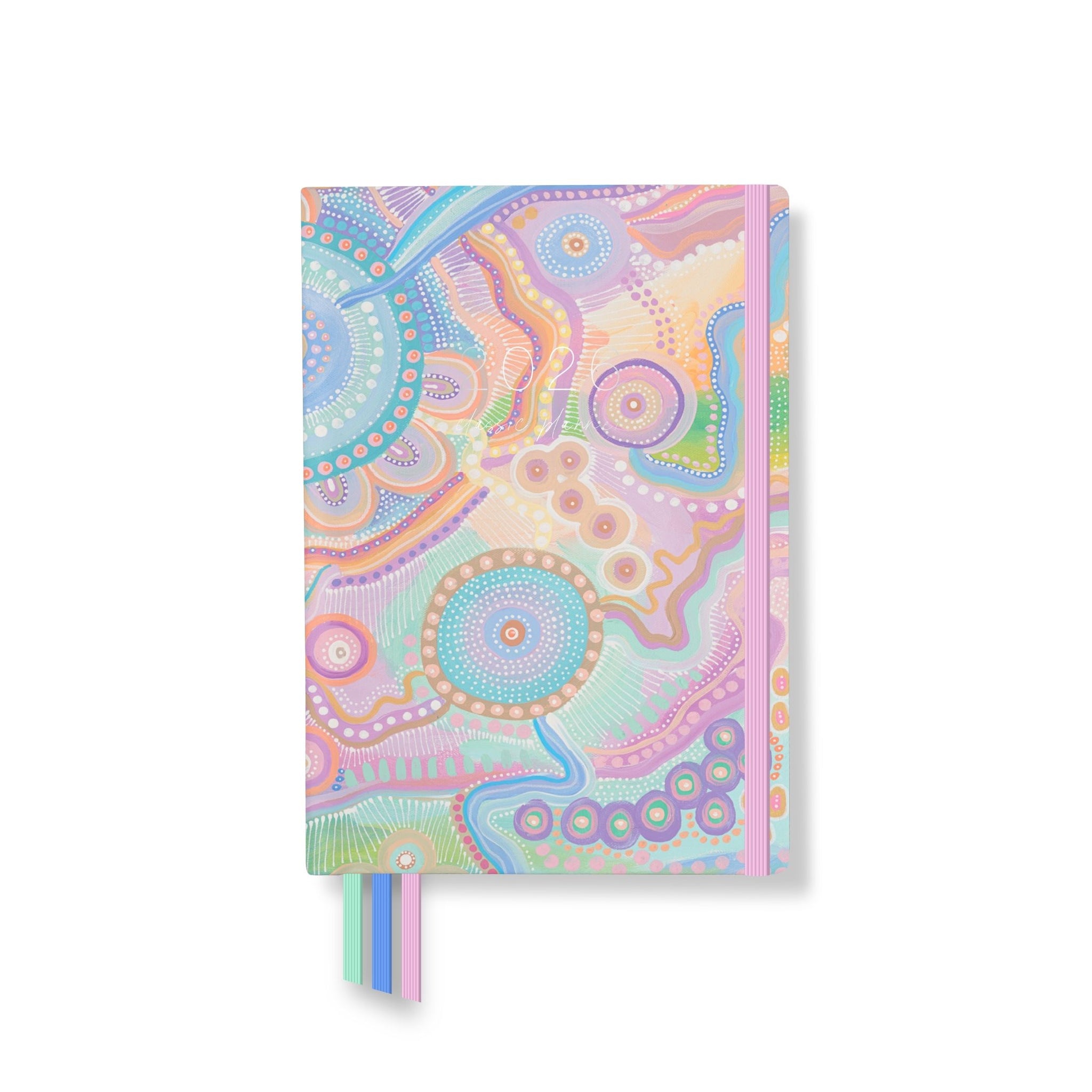 Pastel Aboriginal artwork-inspired 2026 Teacher planner cover with circular motifs, flowing lines, and dotted detailing.