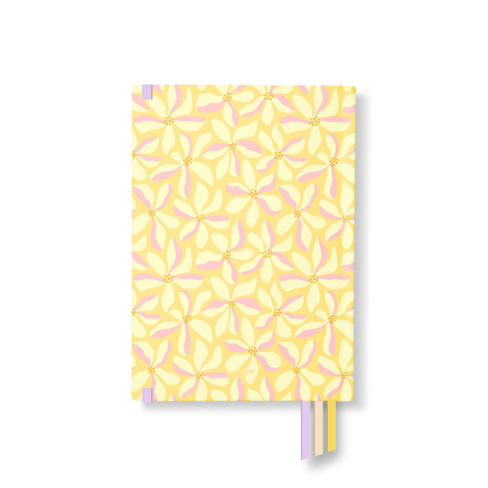 Back cover of yellow and pink Classic Planner featuring a repeating petal pattern and Mrs Edgar branding.