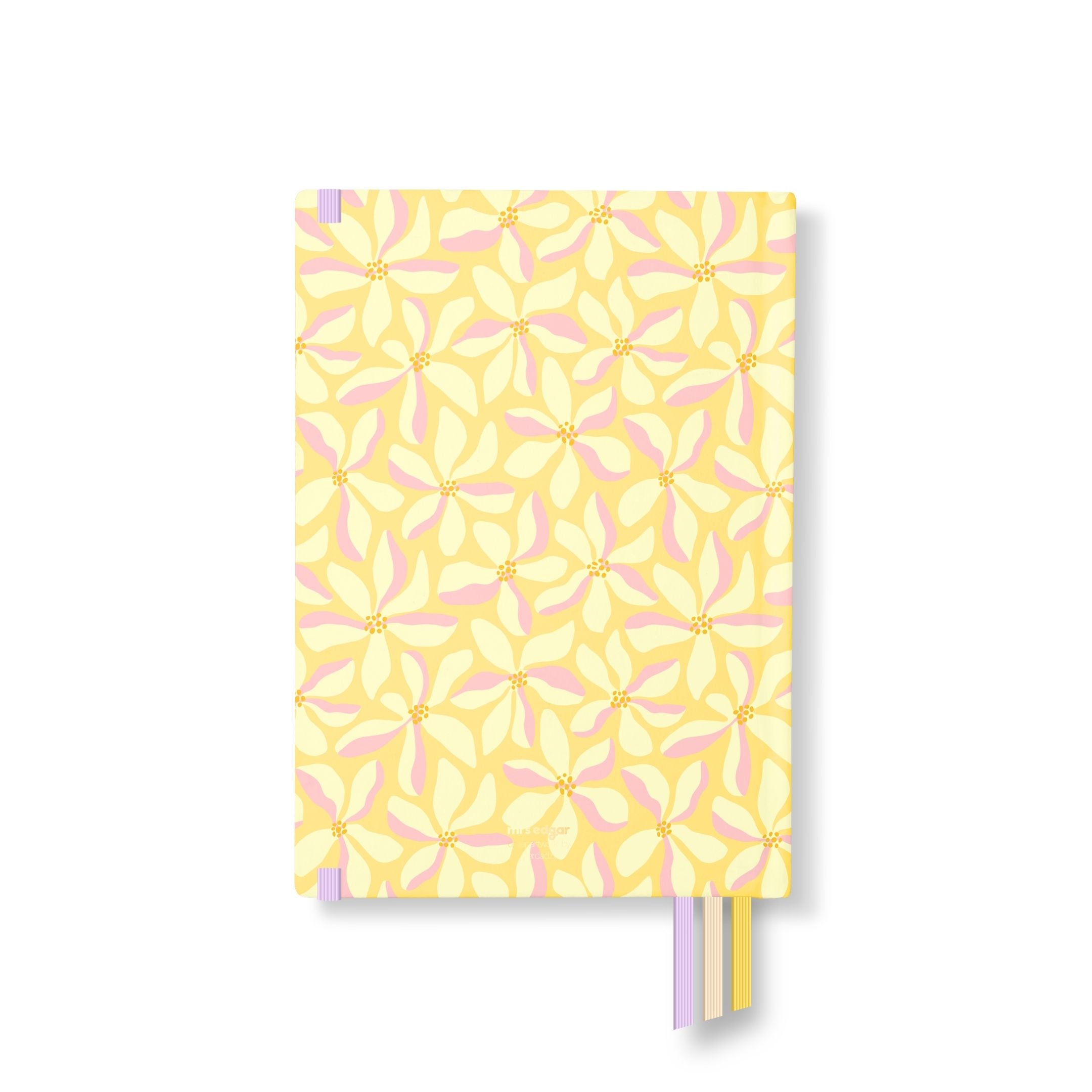 Back cover of yellow and pink Classic Planner featuring a repeating petal pattern and Mrs Edgar branding.