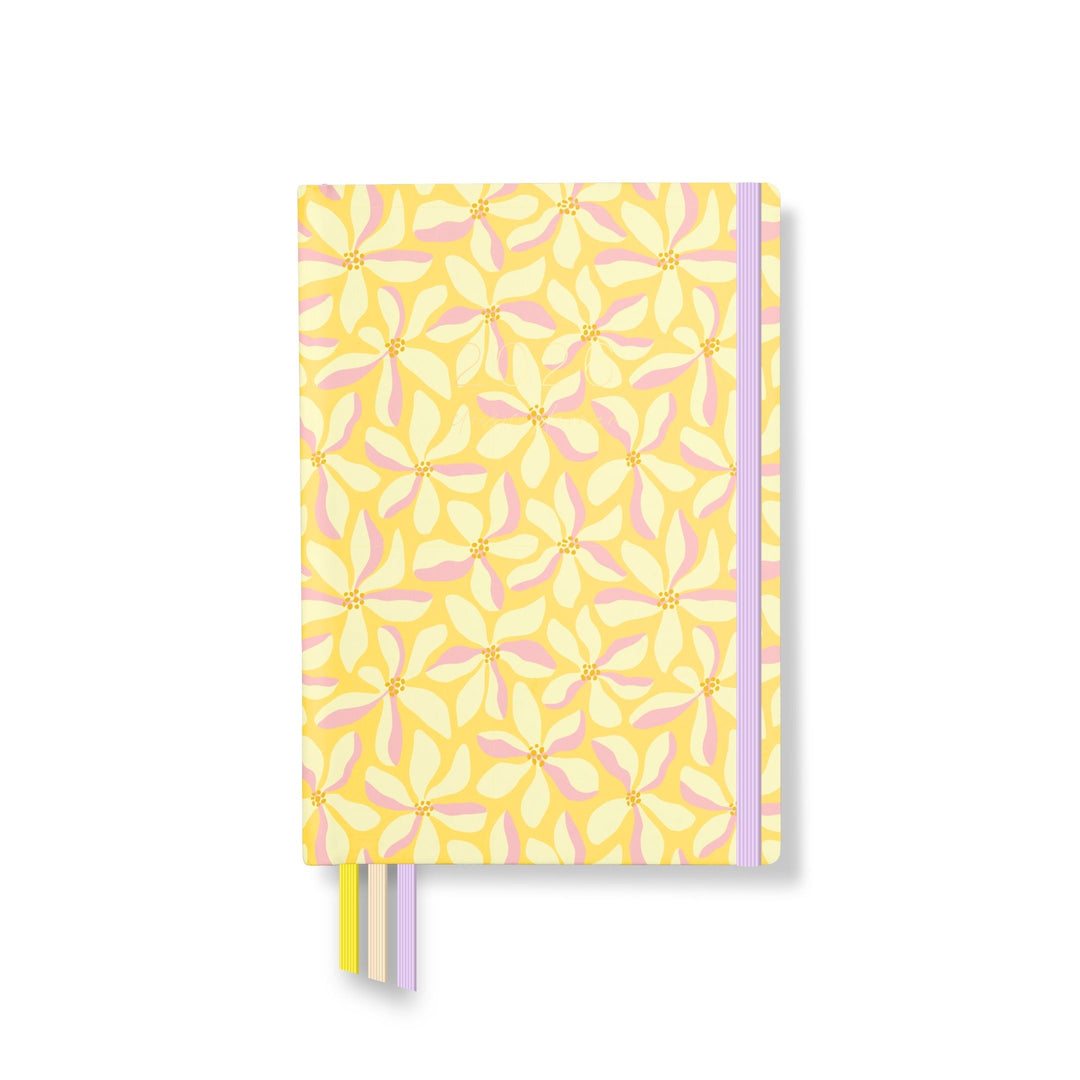 Pastel yellow and pink floral 2026 Classic Planner with lilac elastic band and matching ribbon bookmarks.