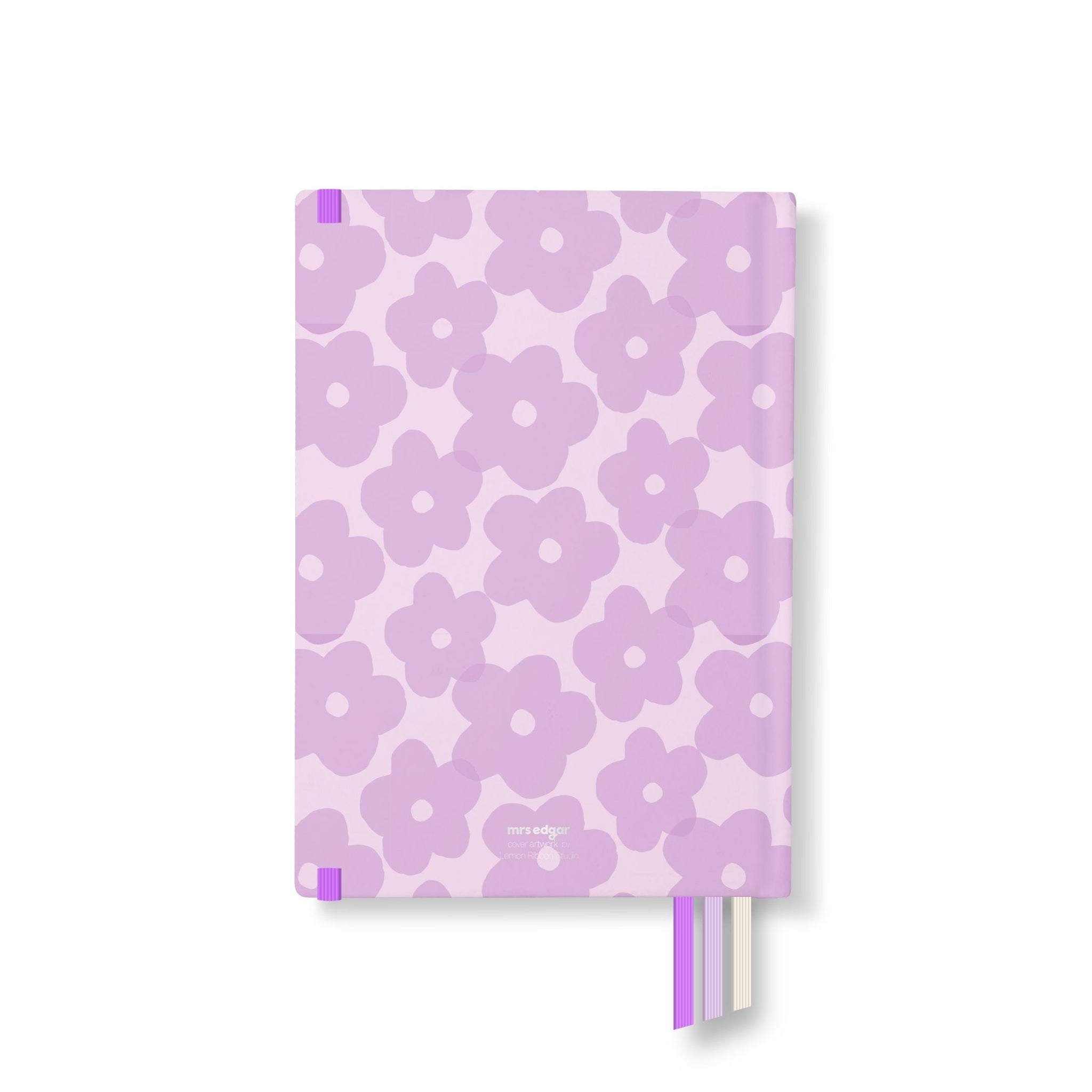 Back cover of lilac floral 2026 Classic Planner with matching pastel background and purple elastic loop.