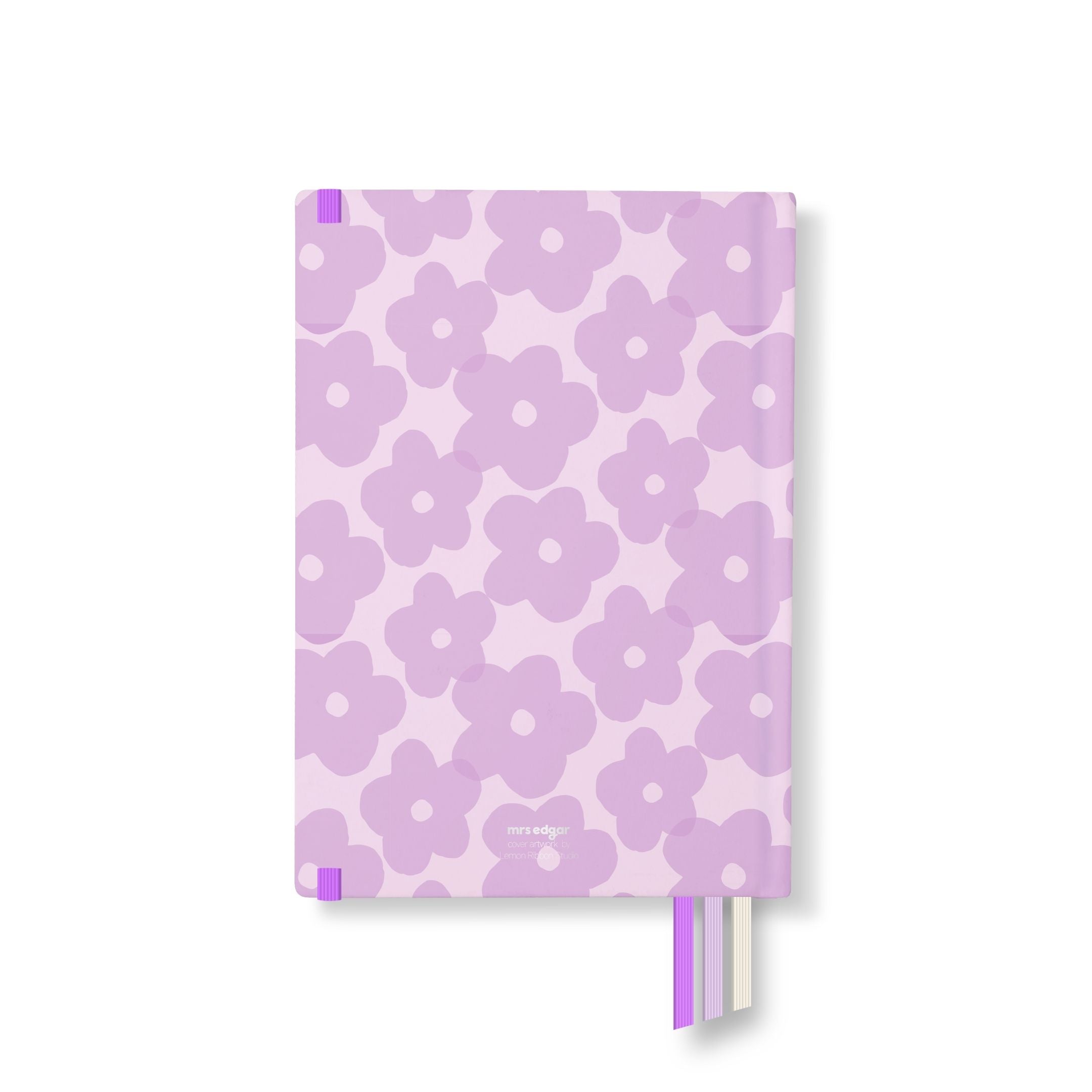 Back cover of lilac floral 2026 Classic Planner with matching pastel background and purple elastic loop.