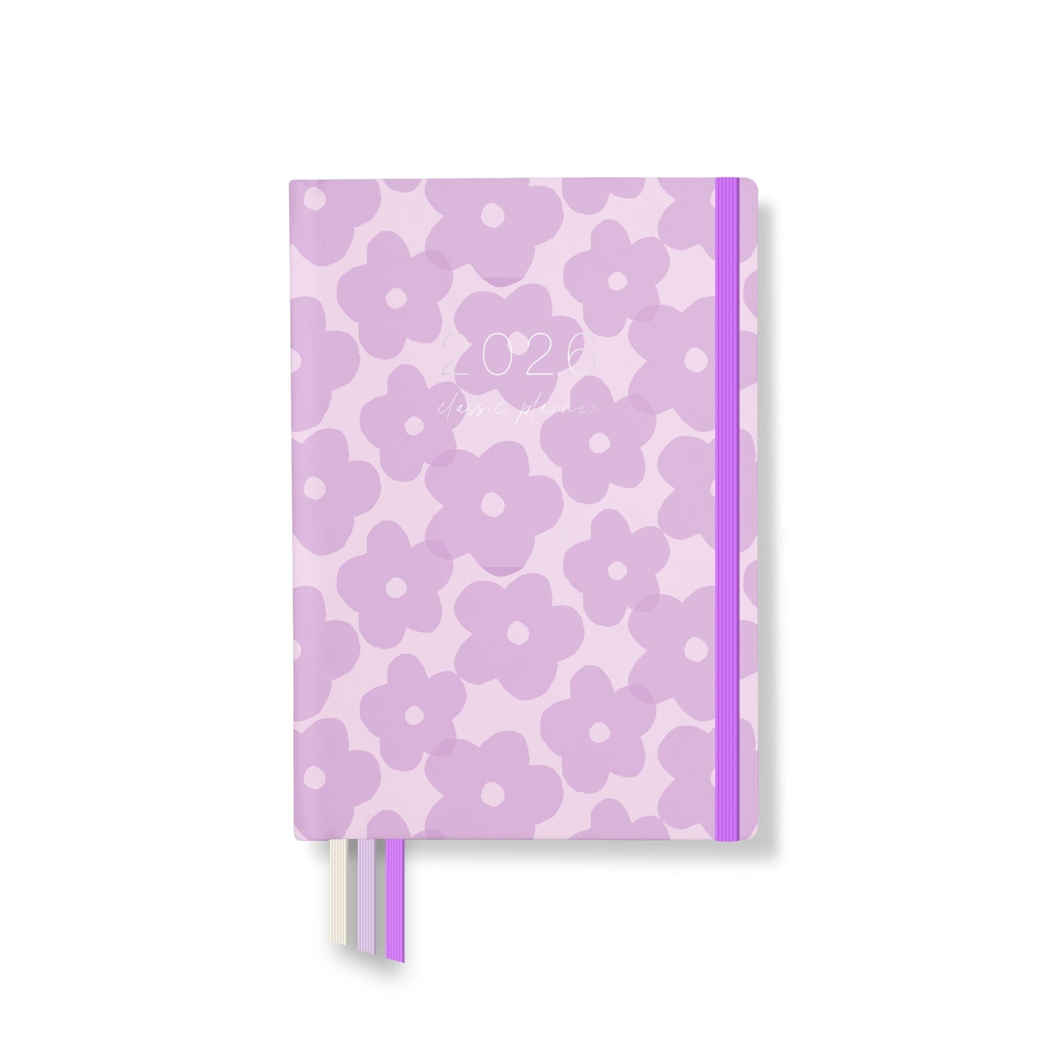 2026 Classic Planner with soft lilac floral pattern on a pastel base, featuring a purple elastic band and ribbon markers.