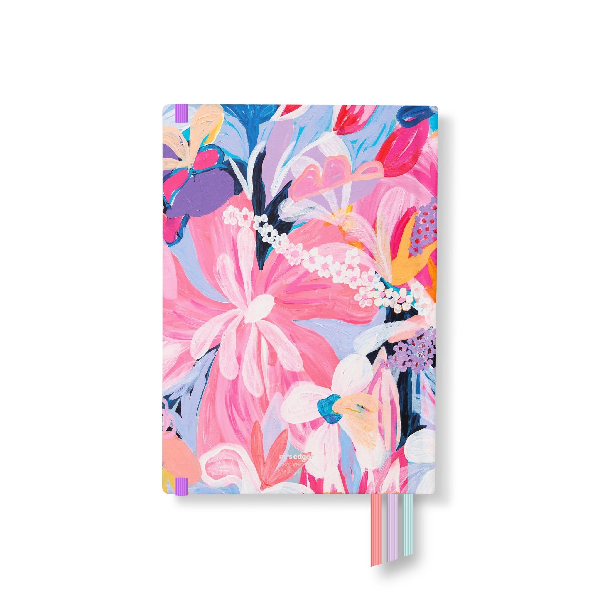 Back cover of 2026 planner featuring a vibrant floral illustration in warm and cool tones, with pink, aqua, and lilac ribbon bookmarks.