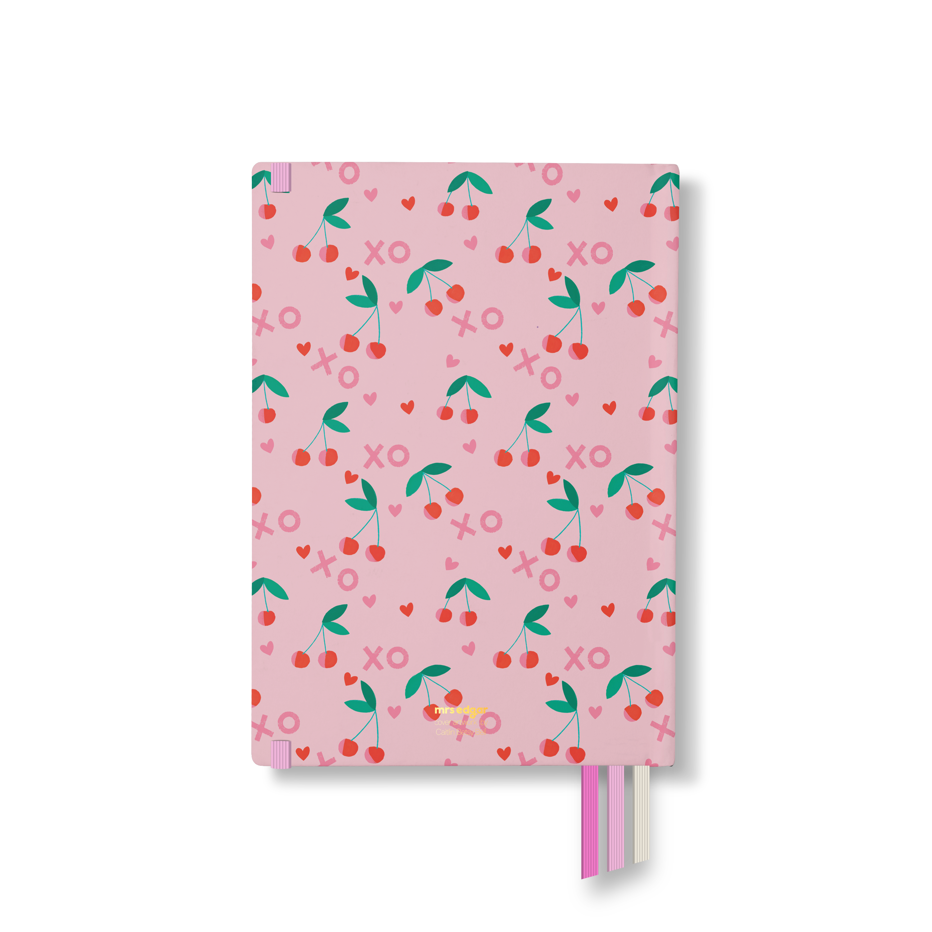 Back cover of 2026 planner with a repeating cherry, XO, and heart pattern on light pink, featuring pink, cream, and red ribbon bookmarks.