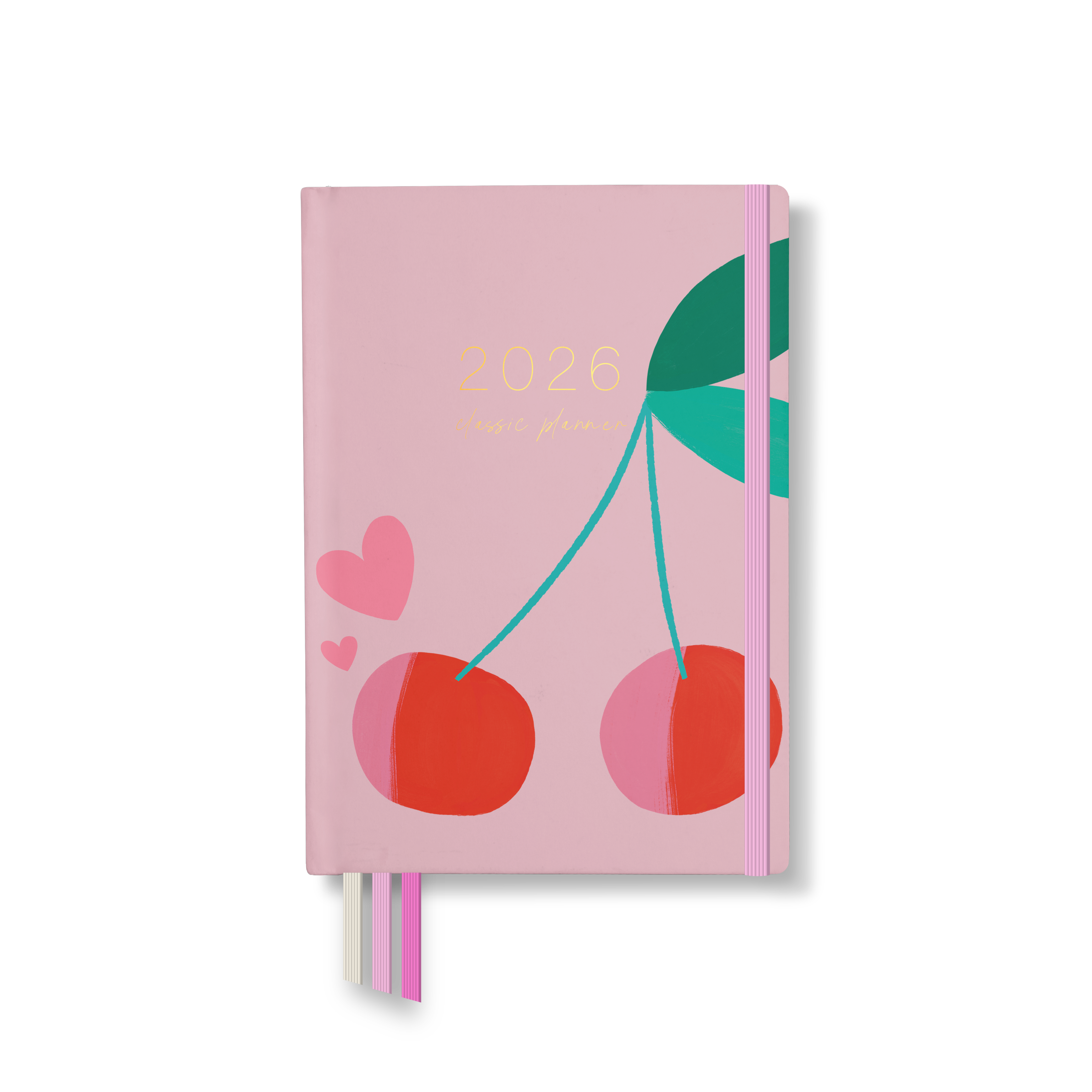 2026 classic planner front cover with red cherries and pink hearts on a pastel pink background, with pink elastic and ribbon markers.