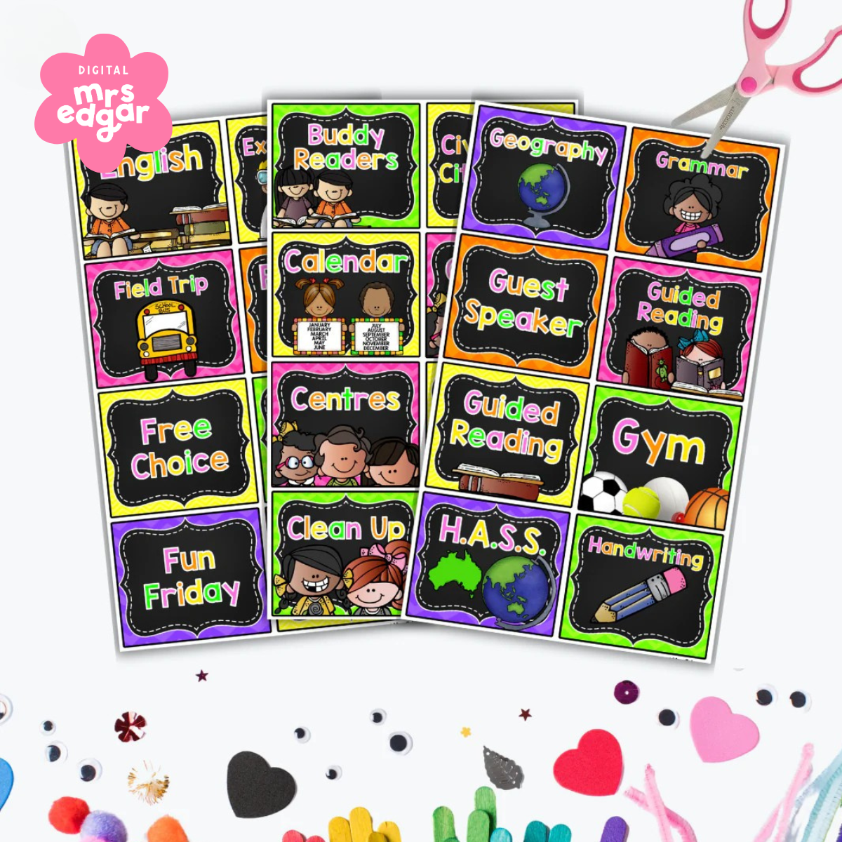 Colourful classroom visual schedule cards with subjects and activities such as English, Buddy Readers, Calendar, Geography, Guest Speaker, Guided Reading, Field Trip, Clean Up, Gym, and HASS. Each card features playful clip art and vibrant backgrounds.