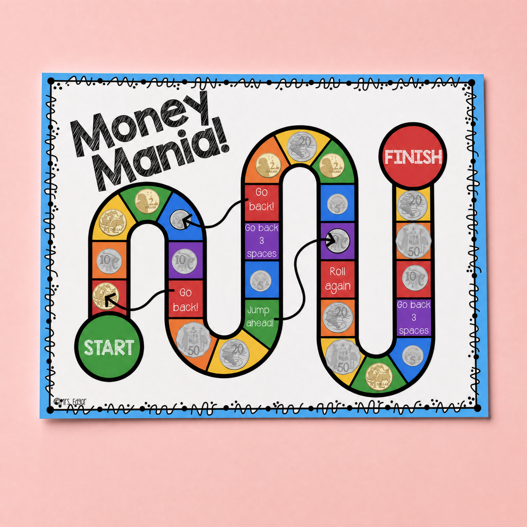 Printable money math board game for early years and primary students featuring Australian coins, colourful game path, dice play, and interactive counting activities. Fun hands-on classroom resource for teaching money recognition, coin values, skip counting, addition, financial literacy, maths centres, homeschooling, and small group learning. Ideal for Foundation, Kindergarten, Prep, Year 1 and Year 2 maths activities.