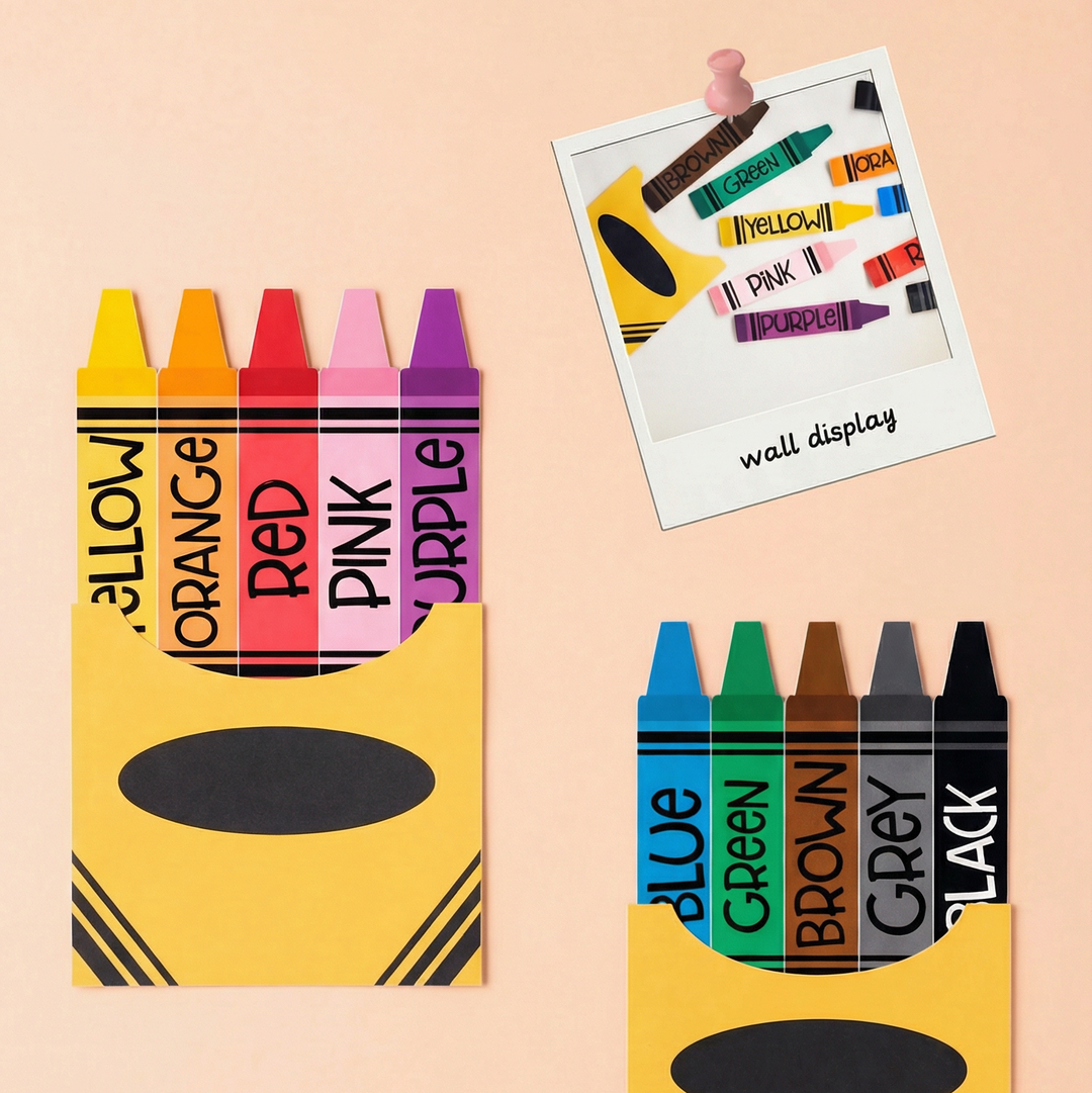 Illustration of two crayon boxes, each featuring a set of colourful crayons labelled with their respective colours such as blue, green, red, and yellow. The bottom image displays a yellow crayon box with colourful sticks inside.