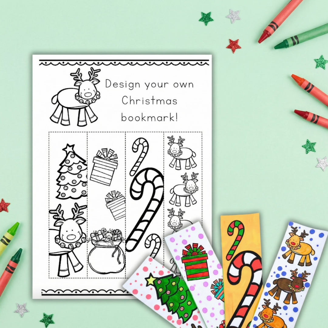 Printable Christmas bookmark colouring activity sheet featuring festive designs like reindeer, candy canes, presents, and Christmas trees. Coloured example bookmarks are displayed beside the worksheet with crayons and craft decorations.