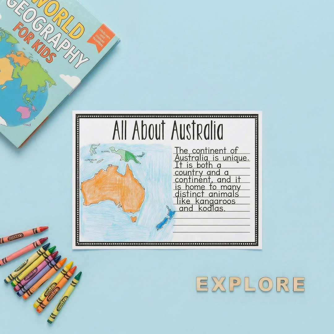 Children’s worksheet titled “All About Australia” featuring a hand-coloured map of Australia, with crayons and a geography book on a blue background