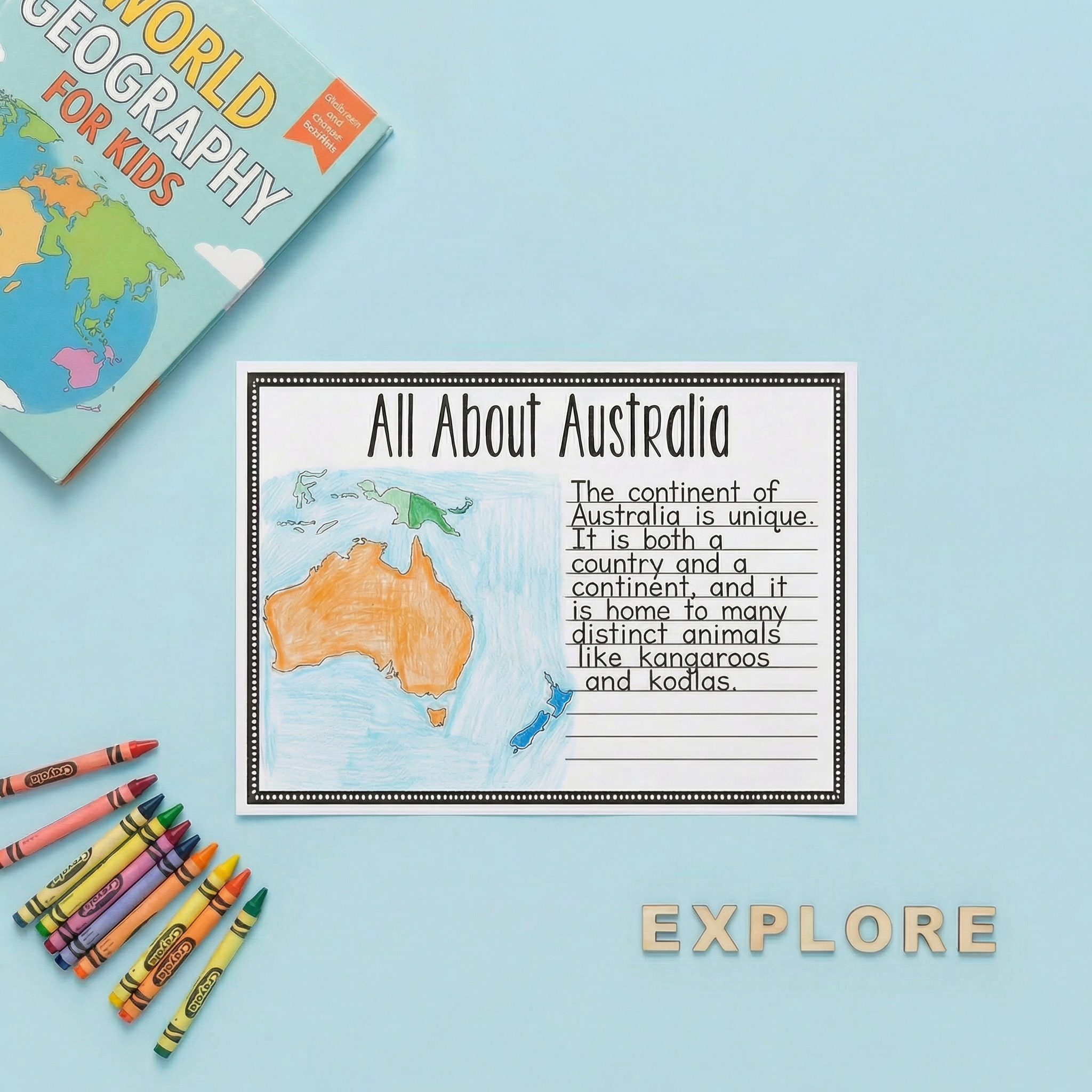 Children’s worksheet titled “All About Australia” featuring a hand-coloured map of Australia, with crayons and a geography book on a blue background