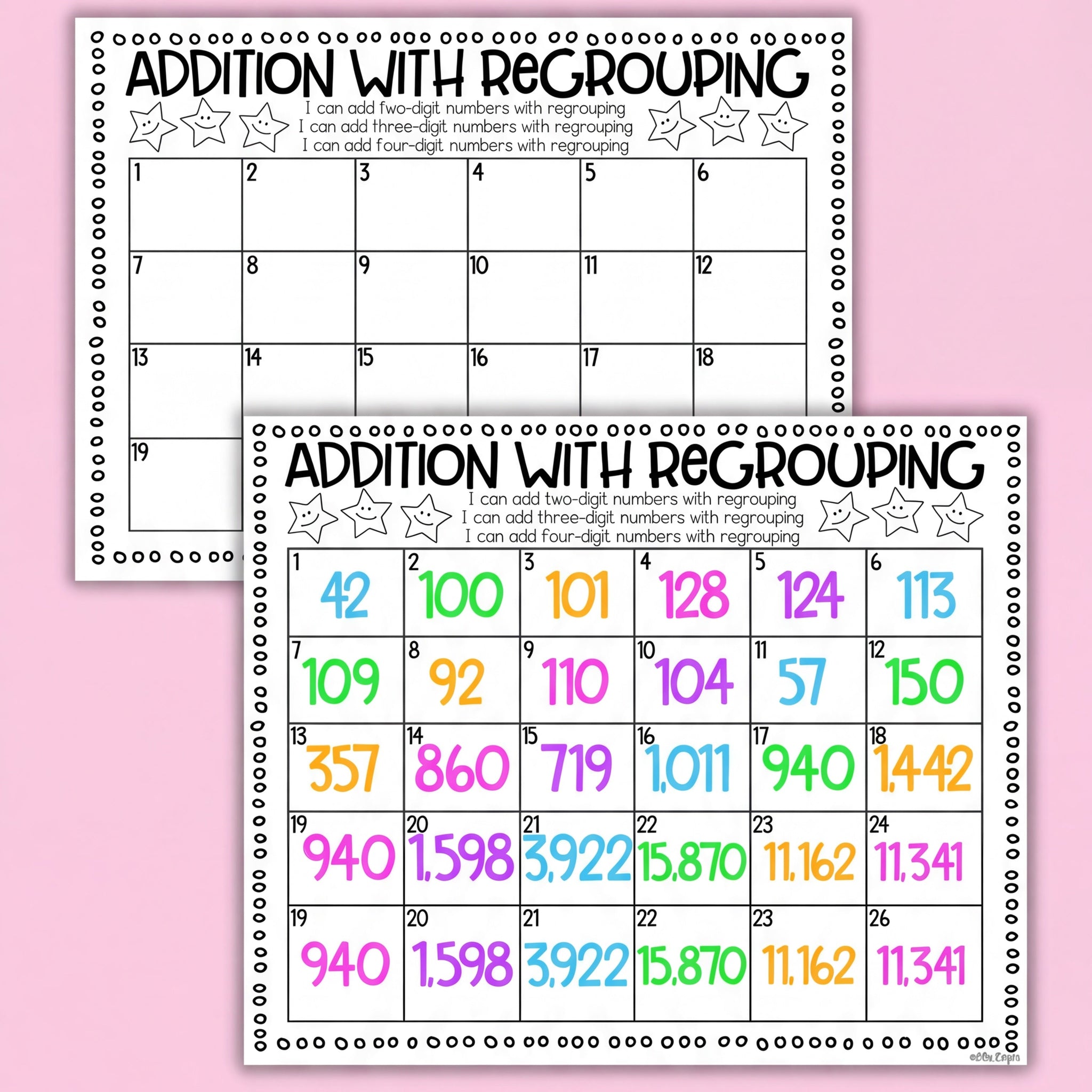 Addition task cards and worksheets for practising addition with regrouping, including sums like 14 + 28 and 67 + 33, shown in a classroom setting.