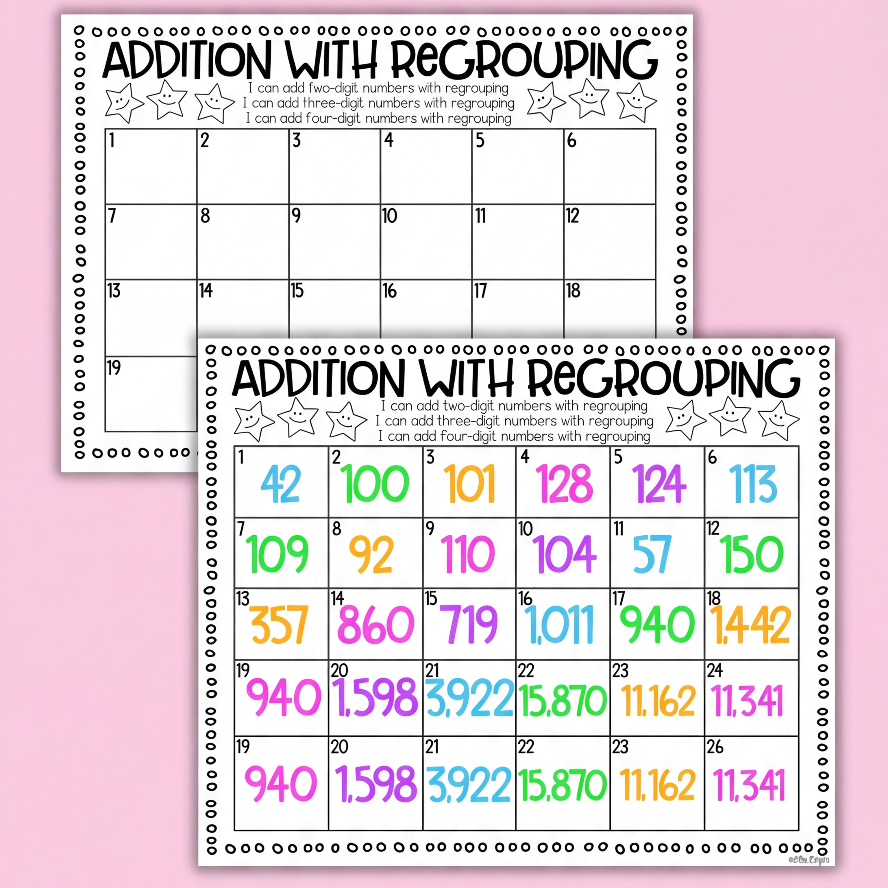 Addition task cards and worksheets for practising addition with regrouping, including sums like 14 + 28 and 67 + 33, shown in a classroom setting.