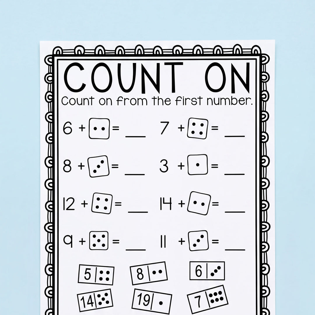 Math worksheet with addition problems and number cards on a light blue background